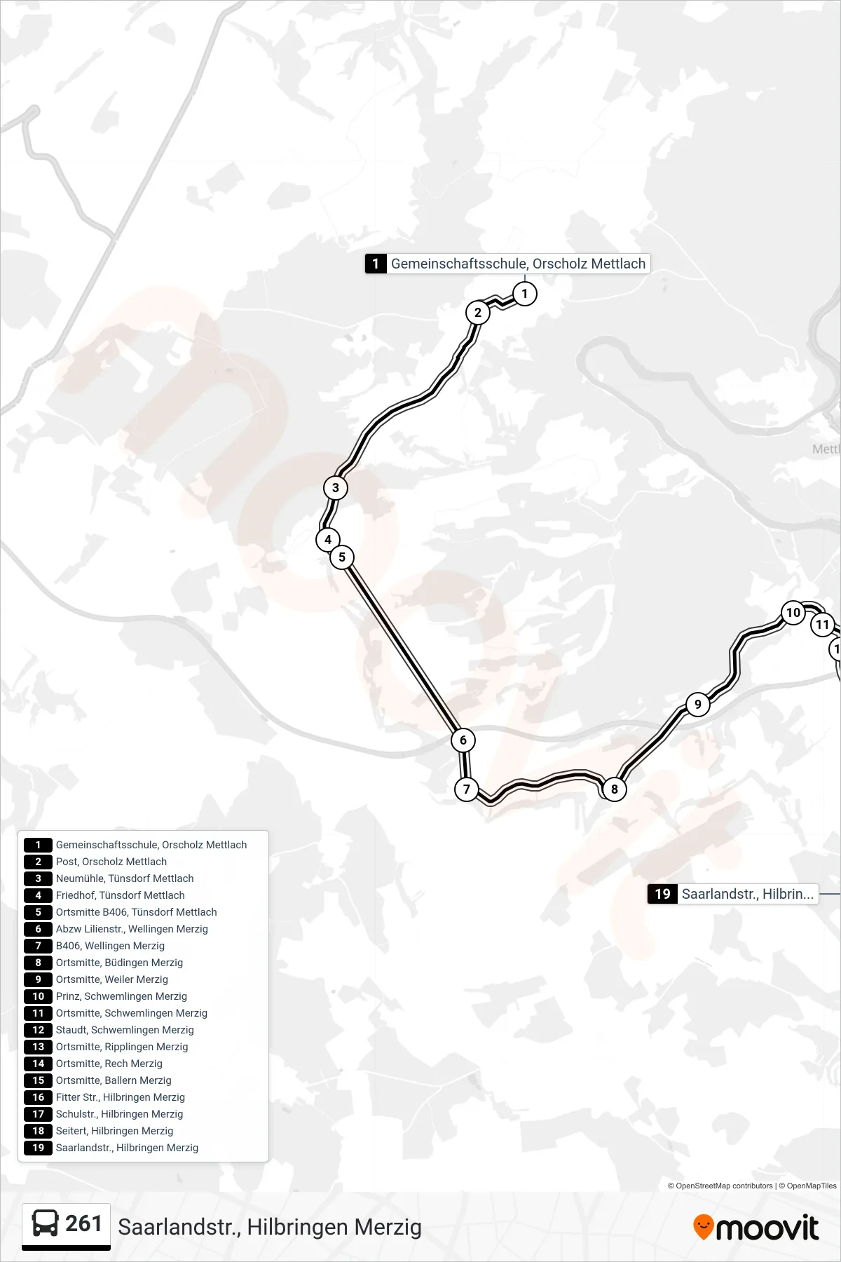 261 bus Line (Saarlandstr., Hilbringen Merzig) route and stops on a map