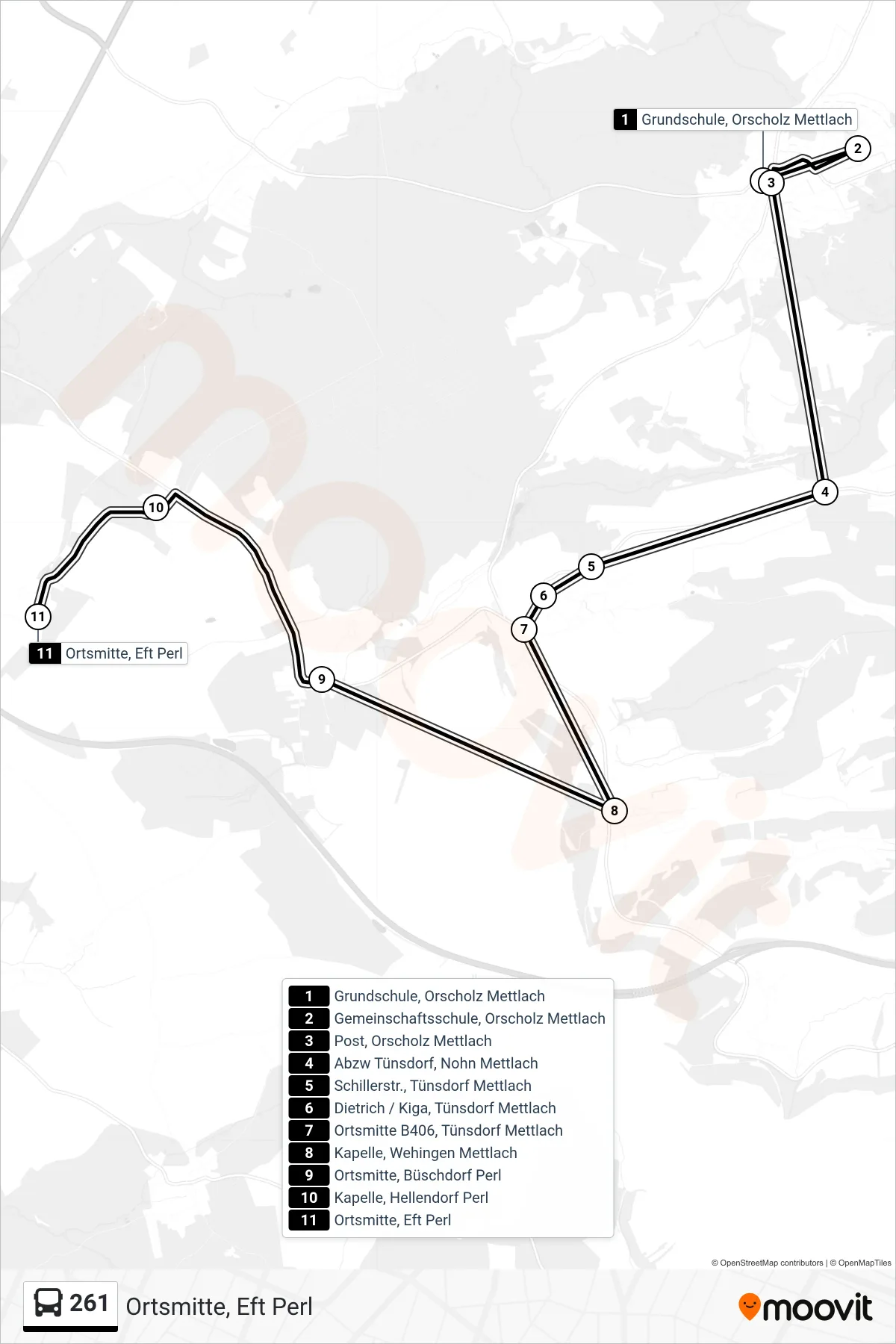 261 bus Line (Ortsmitte, Eft Perl) route and stops on a map