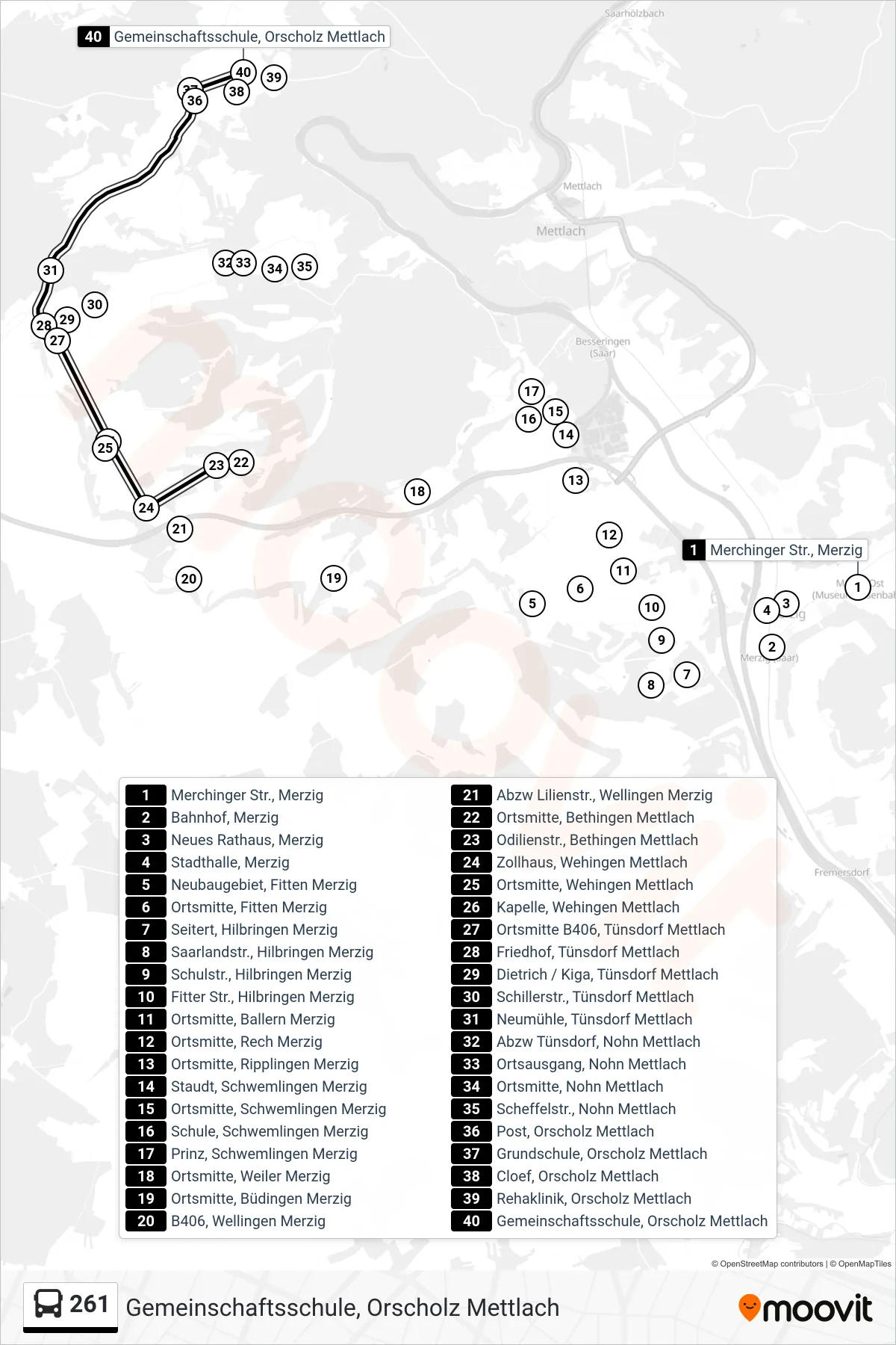 Linie 261 (Bus) Richtung Gemeinschaftsschule, Orscholz Mettlach: Route und Haltestellen auf der Karte