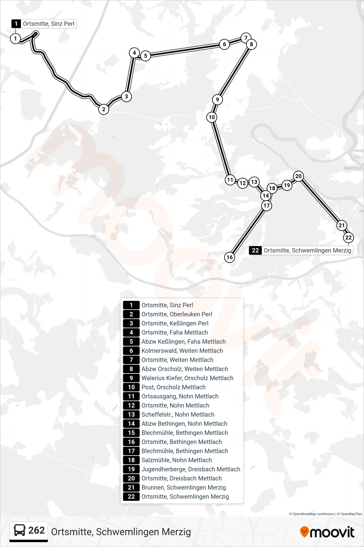 262 bus Line (Ortsmitte, Schwemlingen Merzig) route and stops on a map