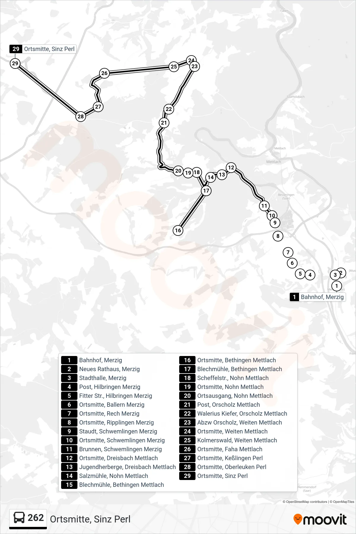 Linie 262 (Bus) Richtung Ortsmitte, Sinz Perl: Route und Haltestellen auf der Karte