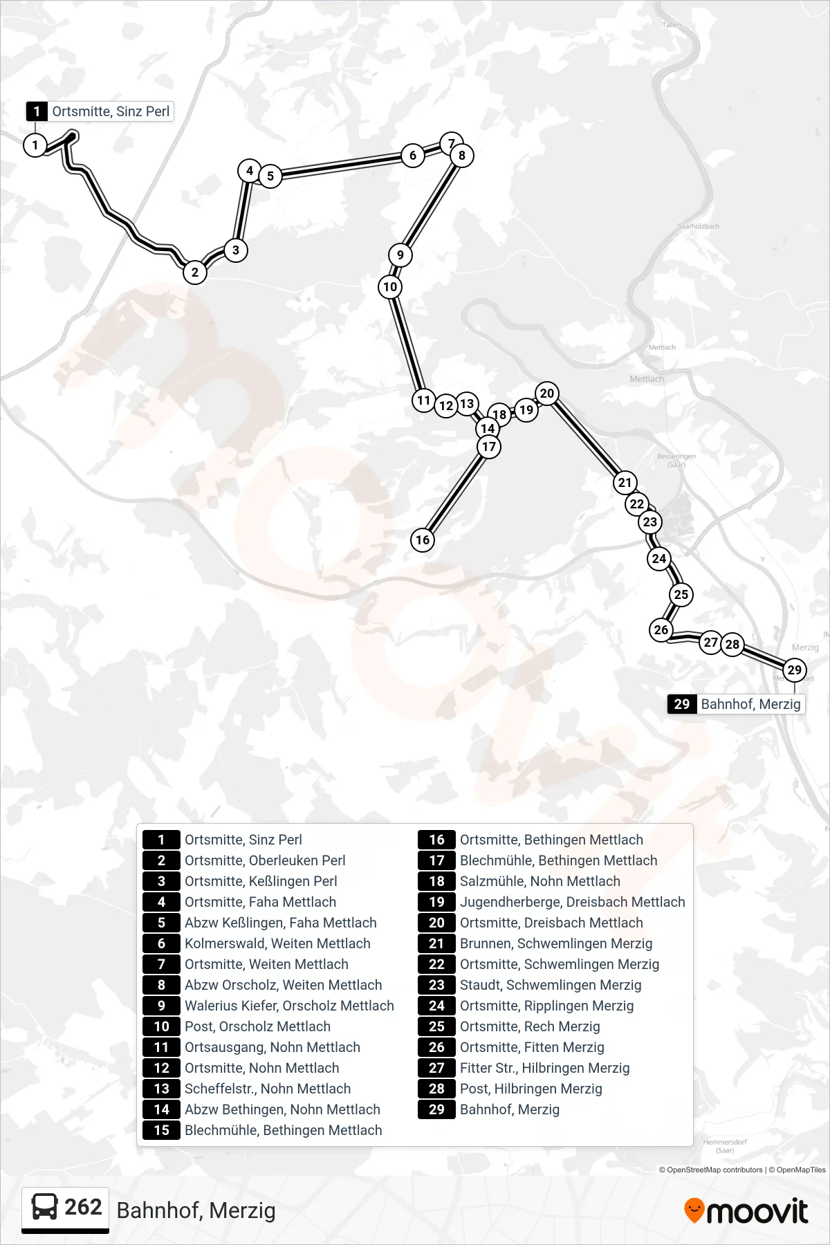 262 bus Line (Bahnhof, Merzig) route and stops on a map