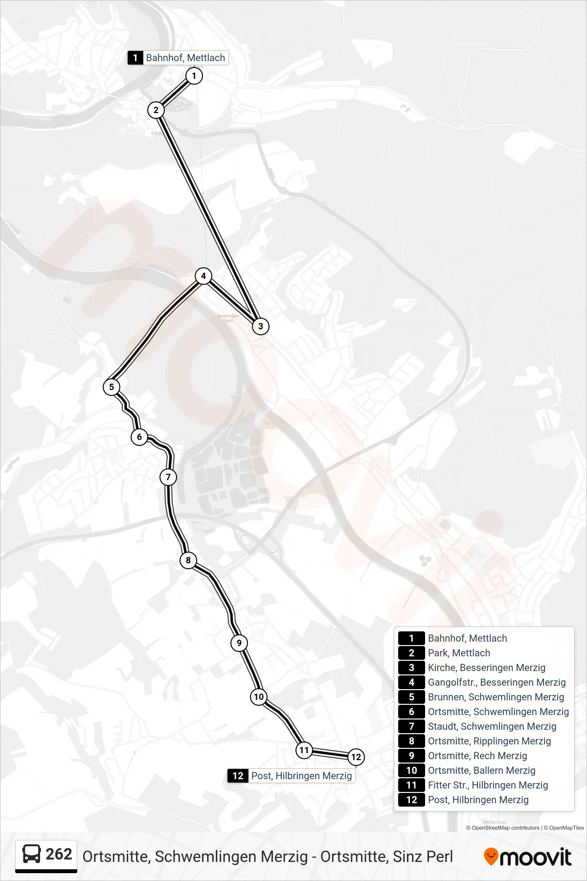 262 bus Line (Post, Hilbringen Merzig) route and stops on a map