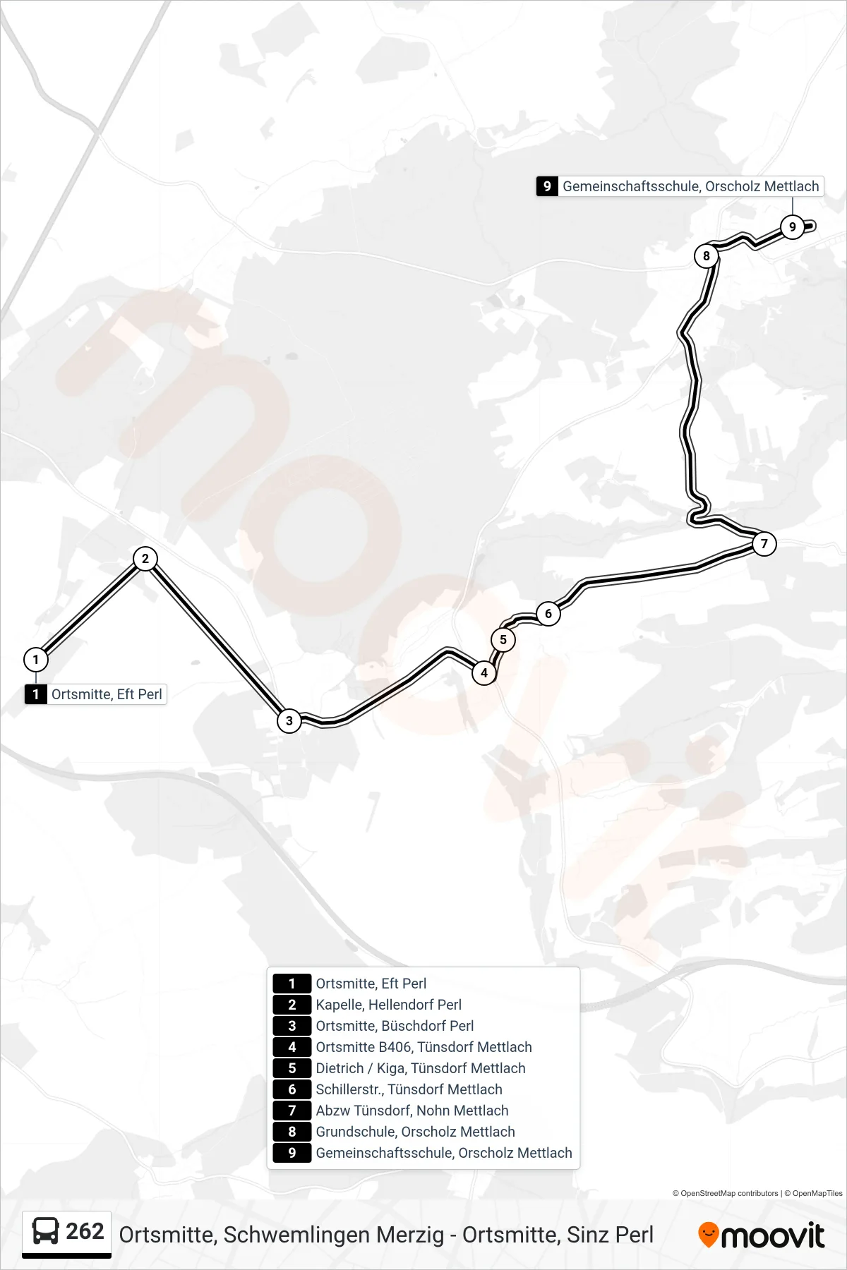 Linie 262 (Bus) Richtung Gemeinschaftsschule, Orscholz Mettlach: Route und Haltestellen auf der Karte