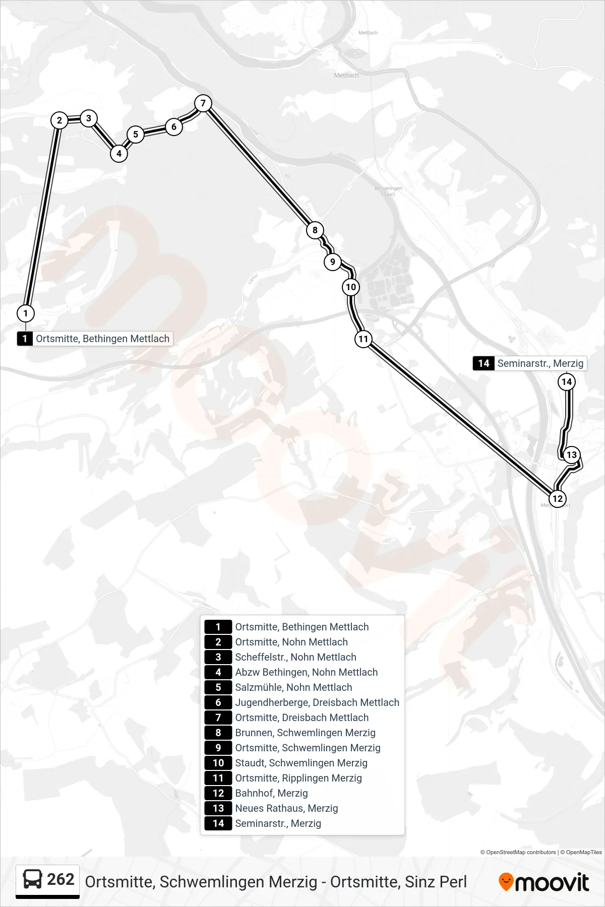 262 bus Line (Seminarstr., Merzig) route and stops on a map