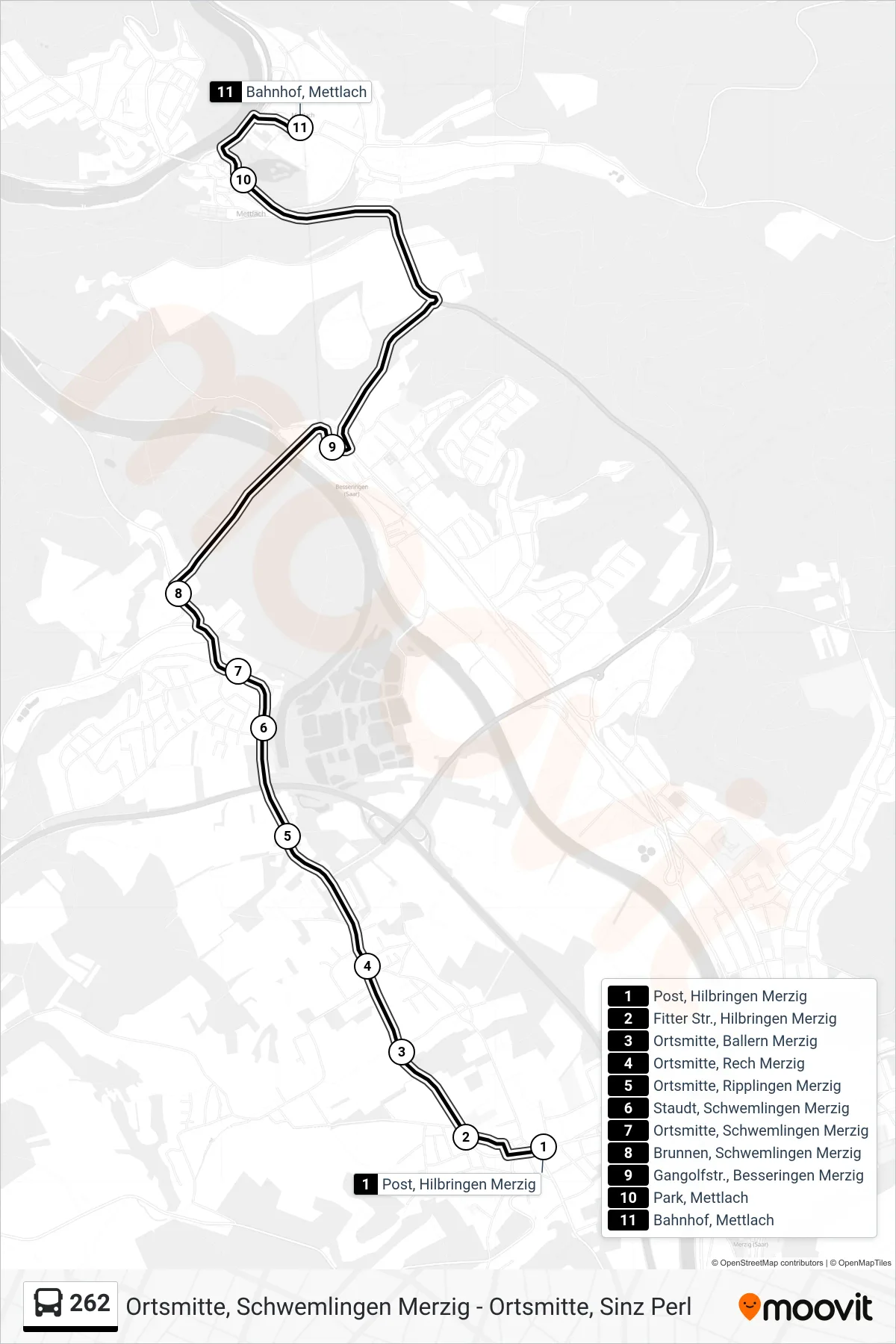 262 bus Line (Bahnhof, Mettlach) route and stops on a map