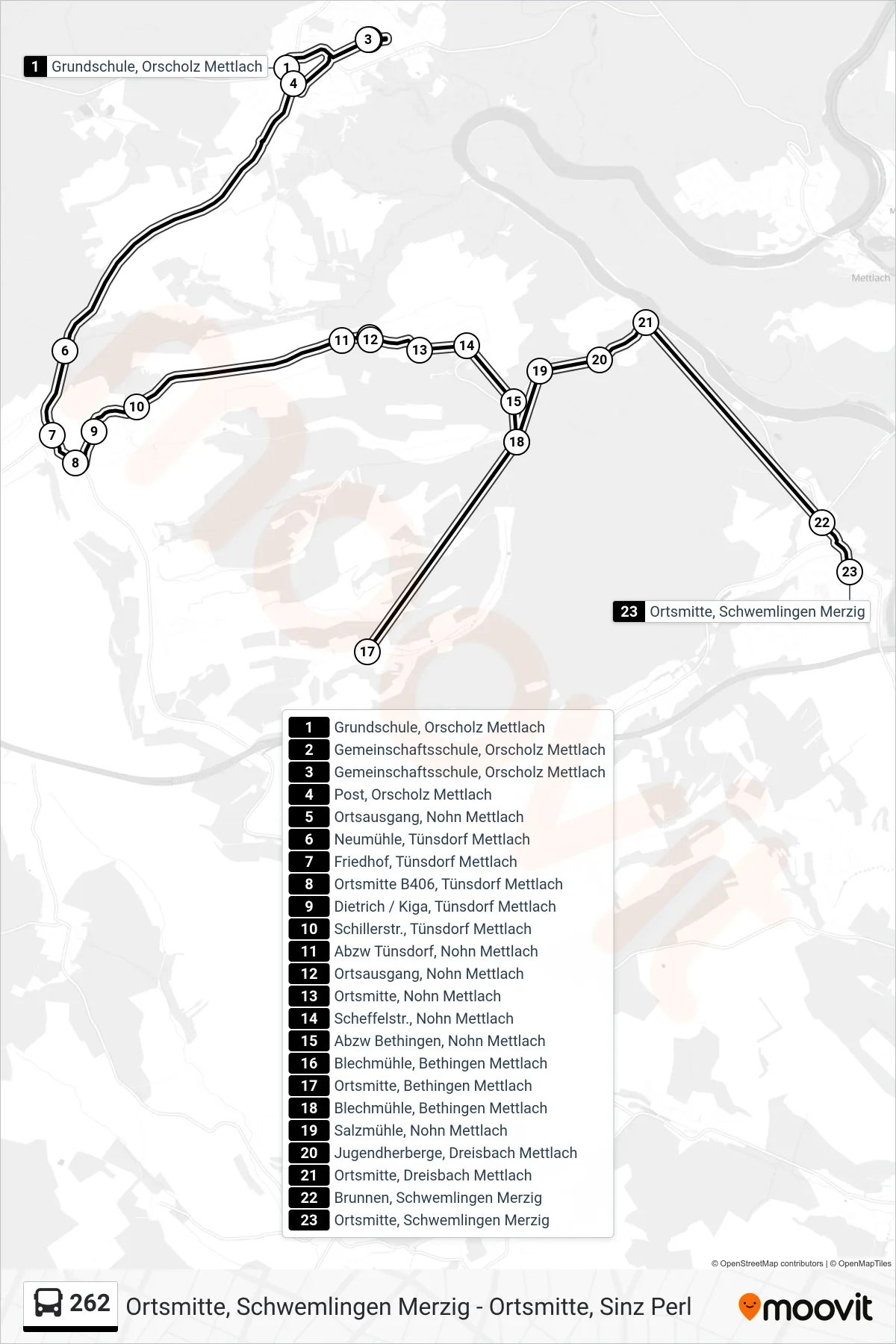 262 bus Line (Ortsmitte, Schwemlingen Merzig) route and stops on a map