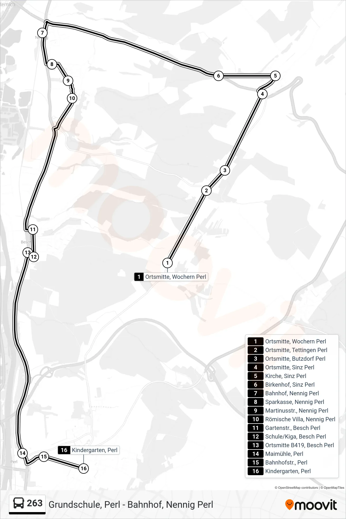 Linie 263 (Bus) Richtung Kindergarten, Perl: Route und Haltestellen auf der Karte