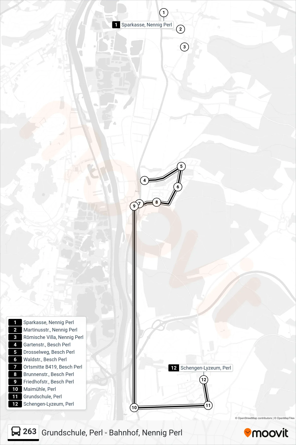 263 bus Line (Schengen-Lyzeum, Perl) route and stops on a map