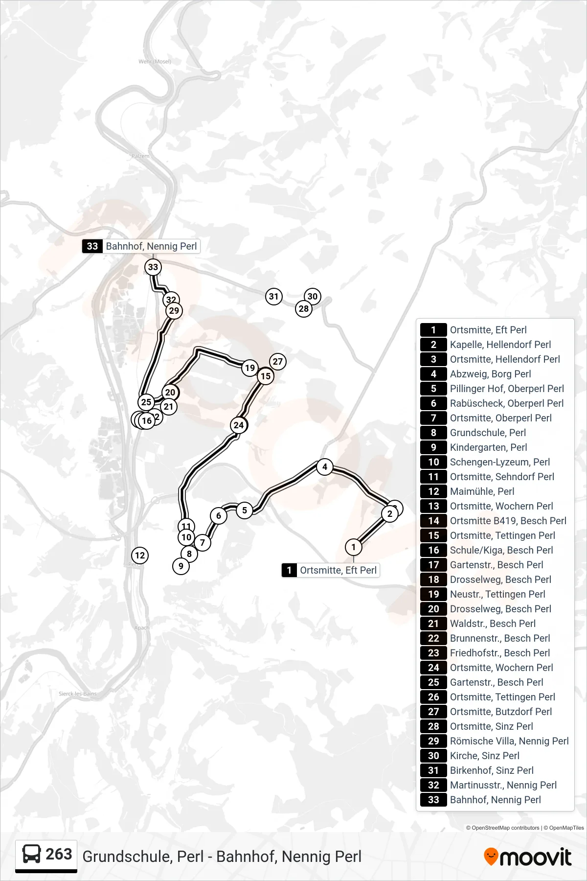 263 bus Line (Bahnhof, Nennig Perl) route and stops on a map