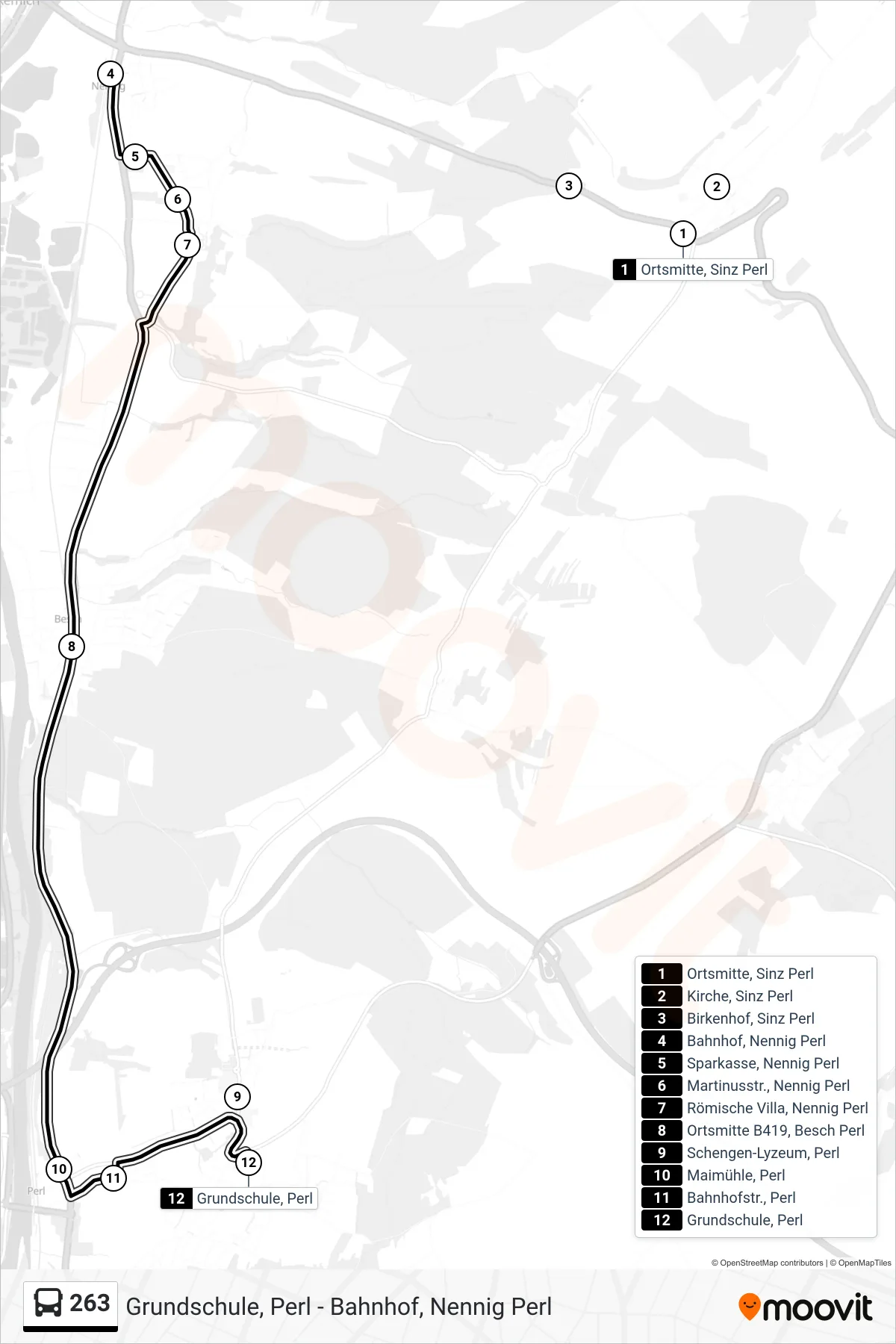 263 bus Line (Grundschule, Perl) route and stops on a map