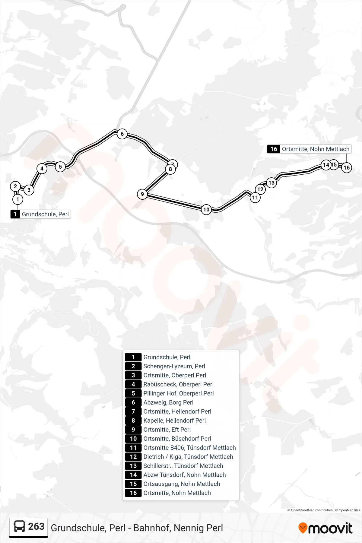 263 bus Line (Ortsmitte, Nohn Mettlach) route and stops on a map