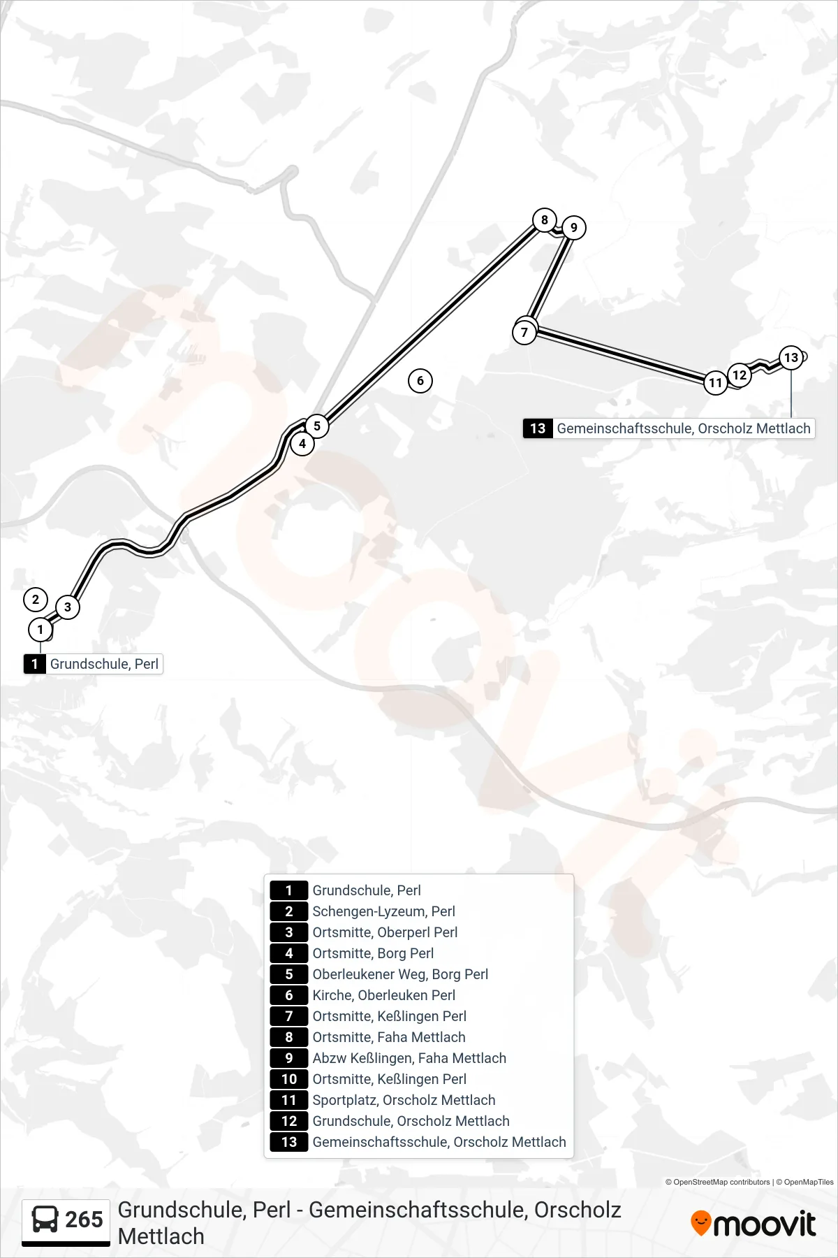 Linie 265 (Bus) Richtung Gemeinschaftsschule, Orscholz Mettlach: Route und Haltestellen auf der Karte