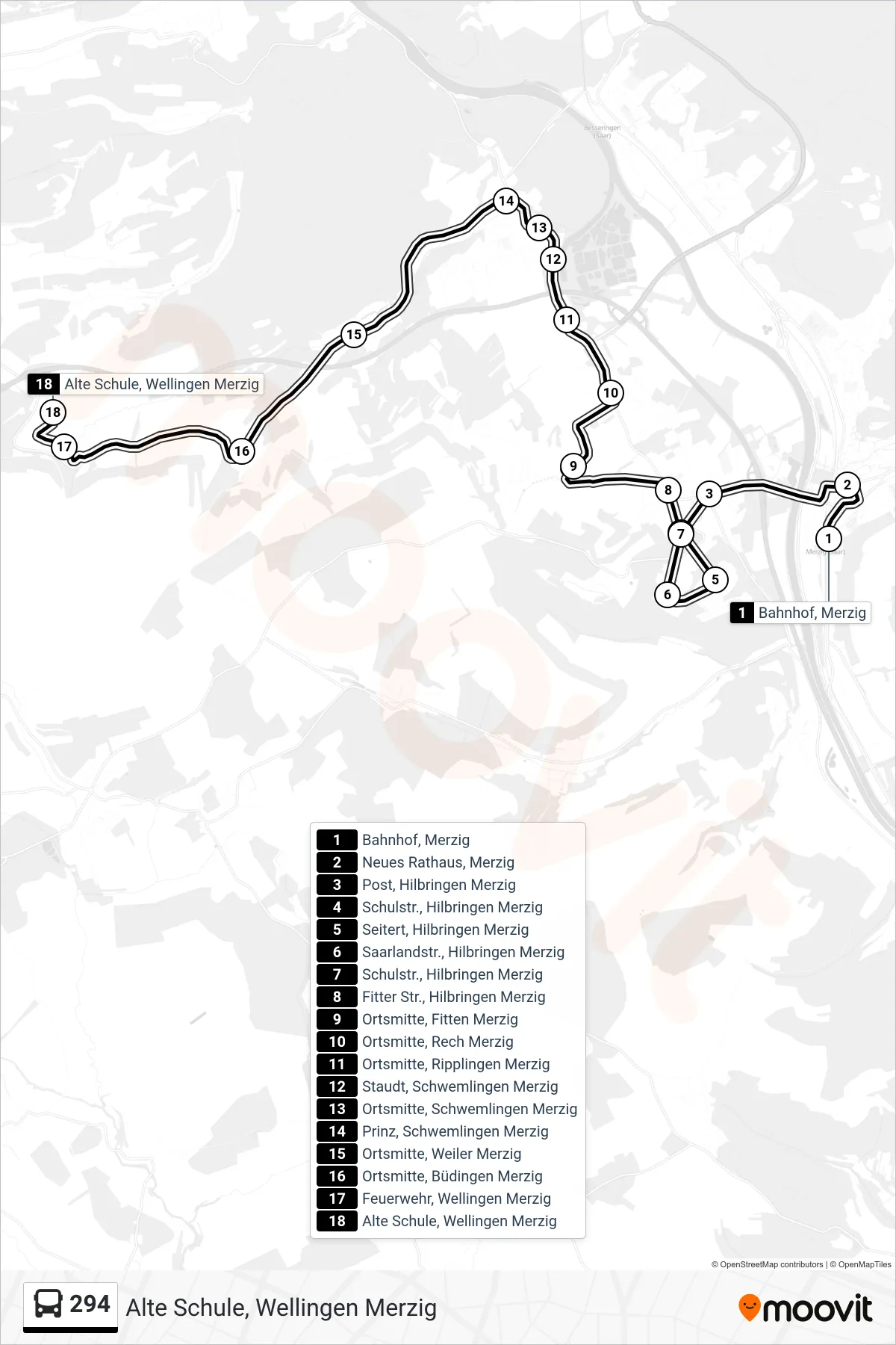 294 bus Line (Alte Schule, Wellingen Merzig) route and stops on a map