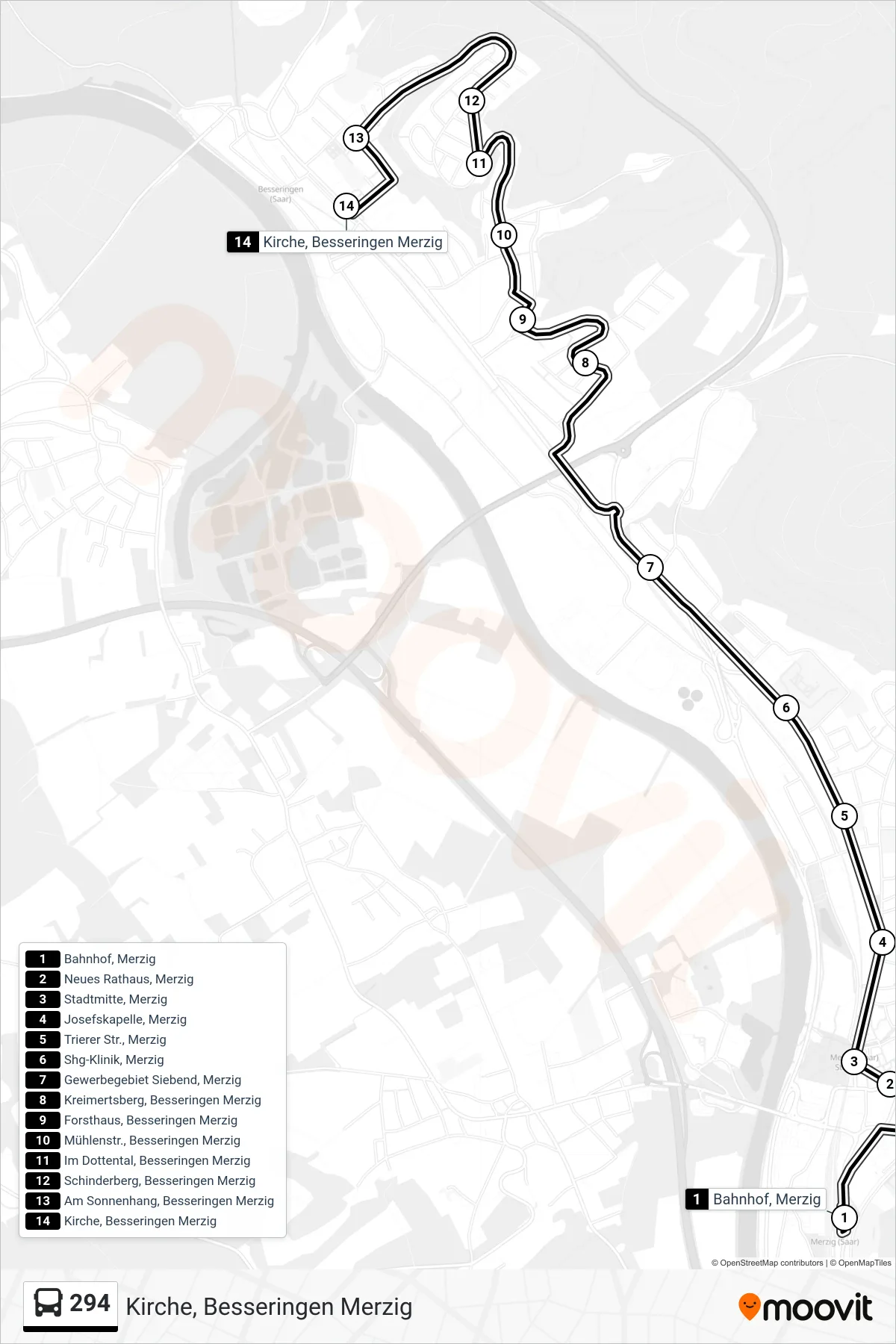 294 bus Line (Kirche, Besseringen Merzig) route and stops on a map