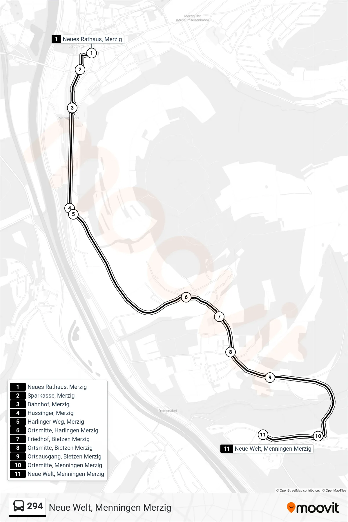 294 bus Line (Neue Welt, Menningen Merzig) route and stops on a map