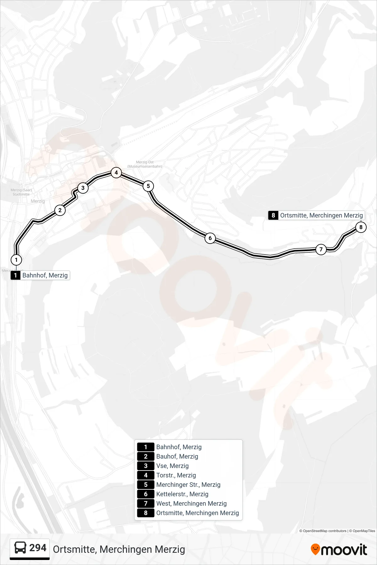 294 bus Line (Ortsmitte, Merchingen Merzig) route and stops on a map