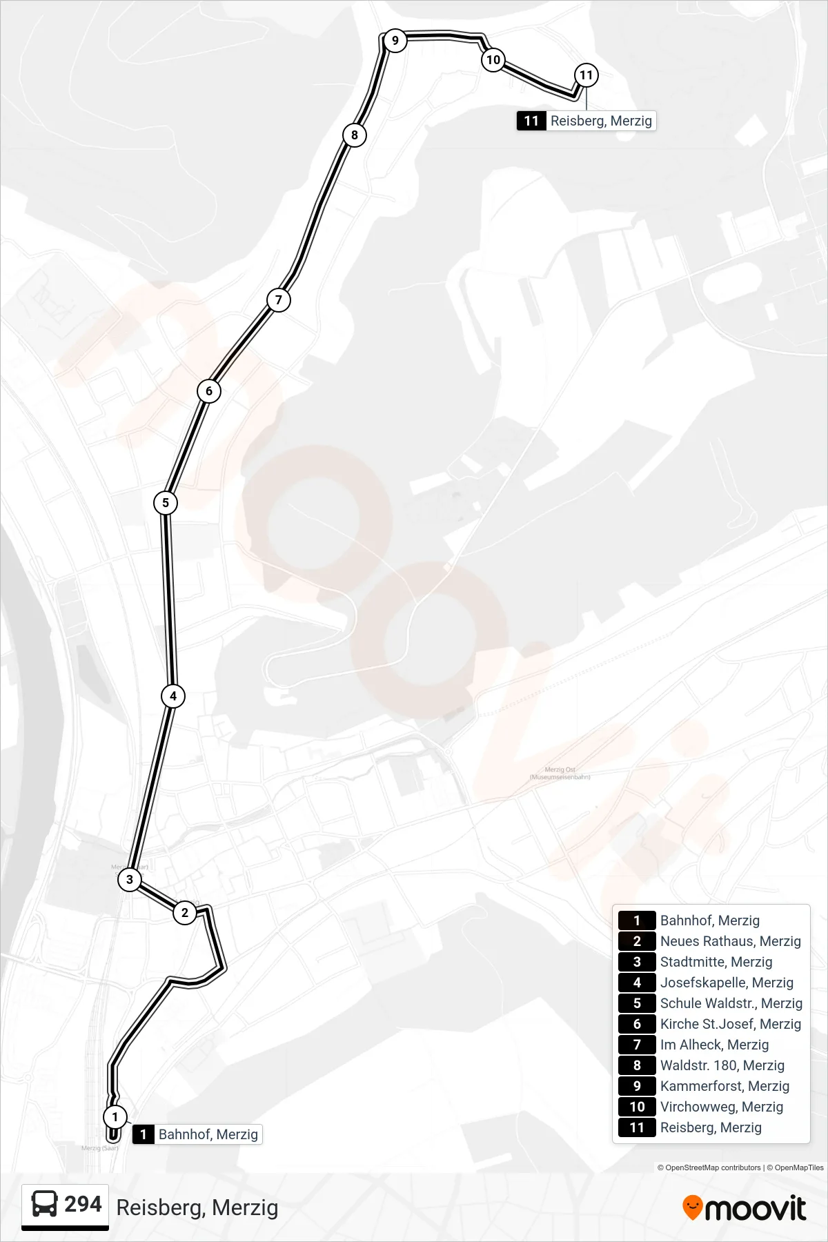 294 bus Line (Reisberg, Merzig) route and stops on a map