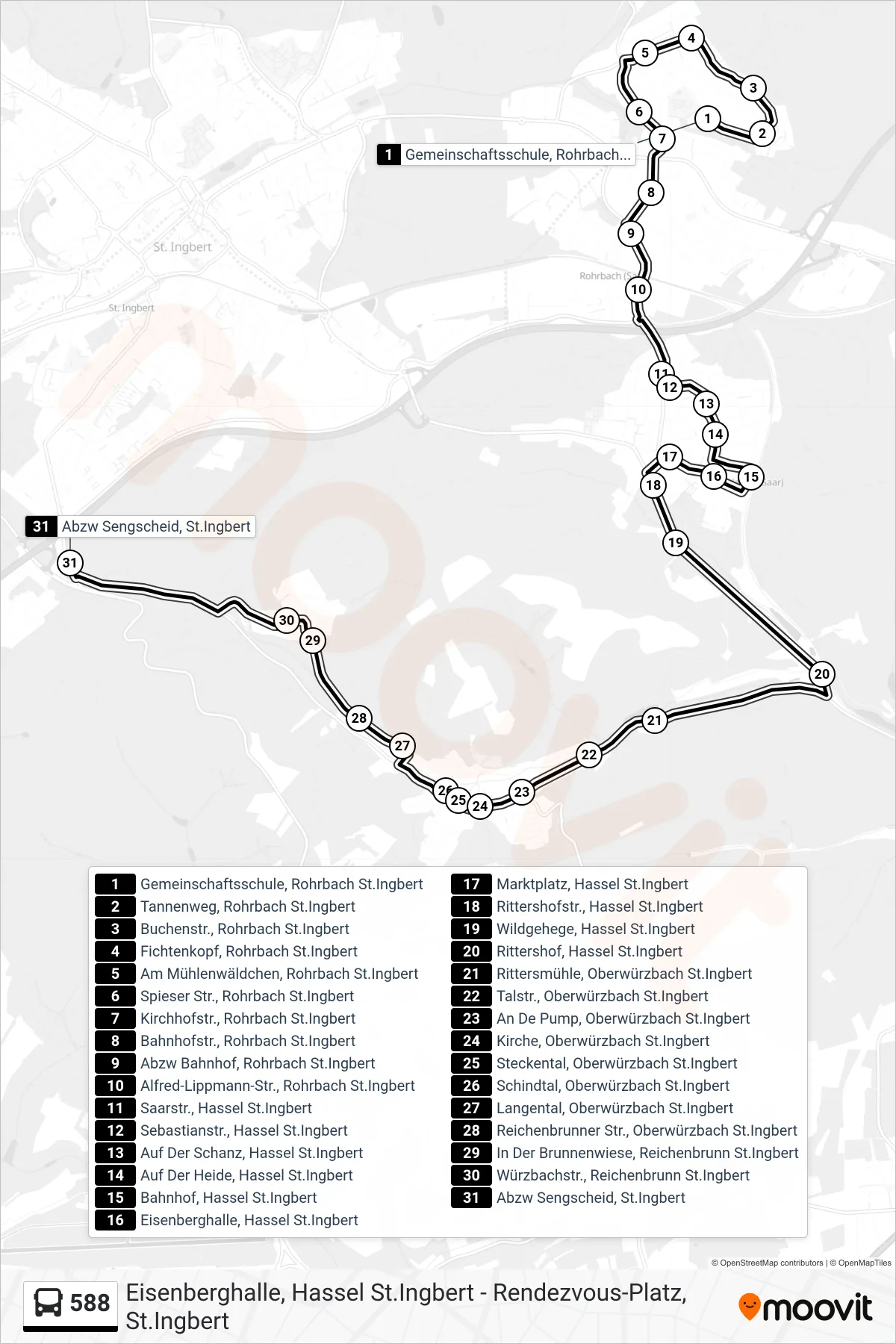 588 bus Line (Sengscheid Über Oberwürzbach) route and stops on a map