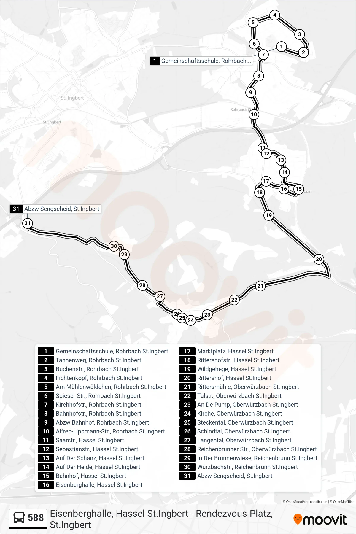 588 bus Line (Sengscheid Abzw. Über Oberwürzbach) route and stops on a map