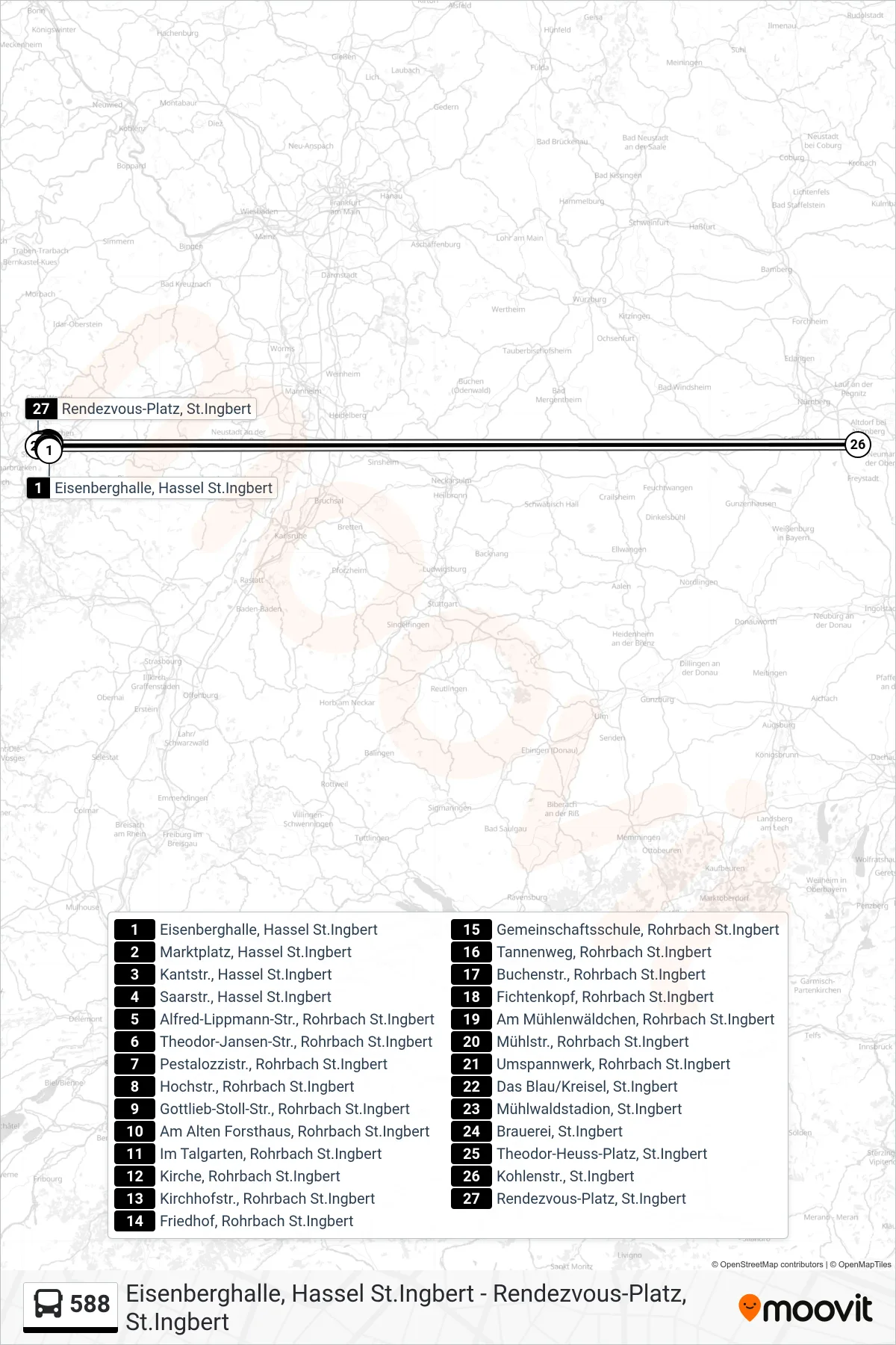 588 bus Line (St. Ingbert Rendezvous-Platz) route and stops on a map