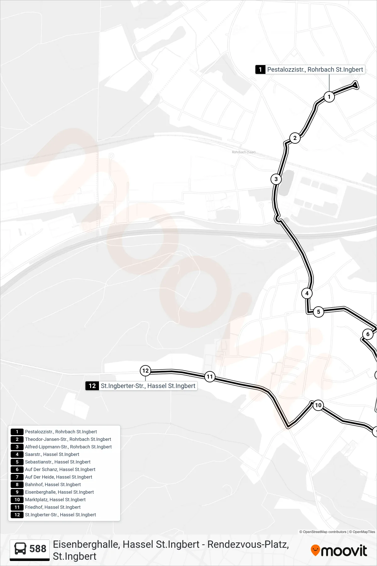 588 bus Line (Hassel) route and stops on a map