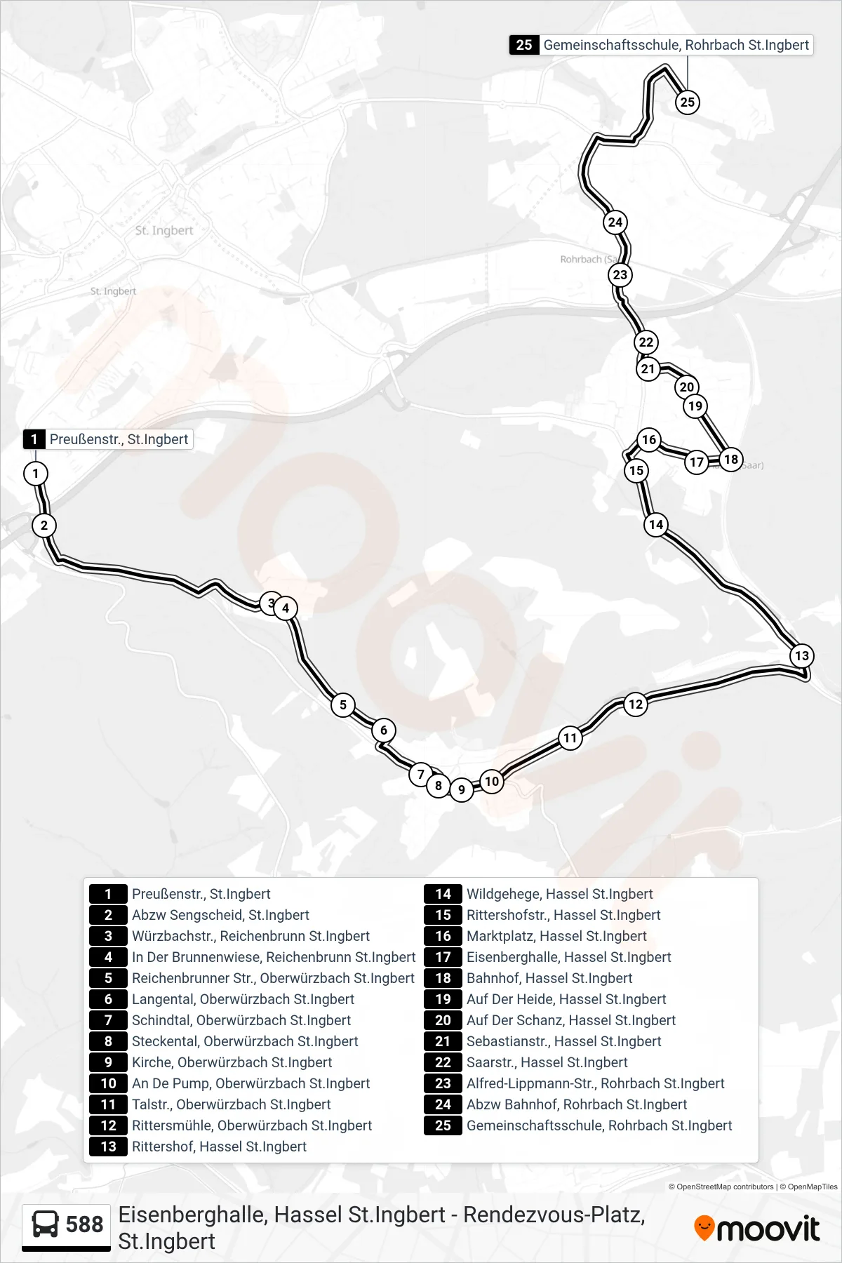 588 bus Line (Rohrbach Gemeinschaftsschule) route and stops on a map