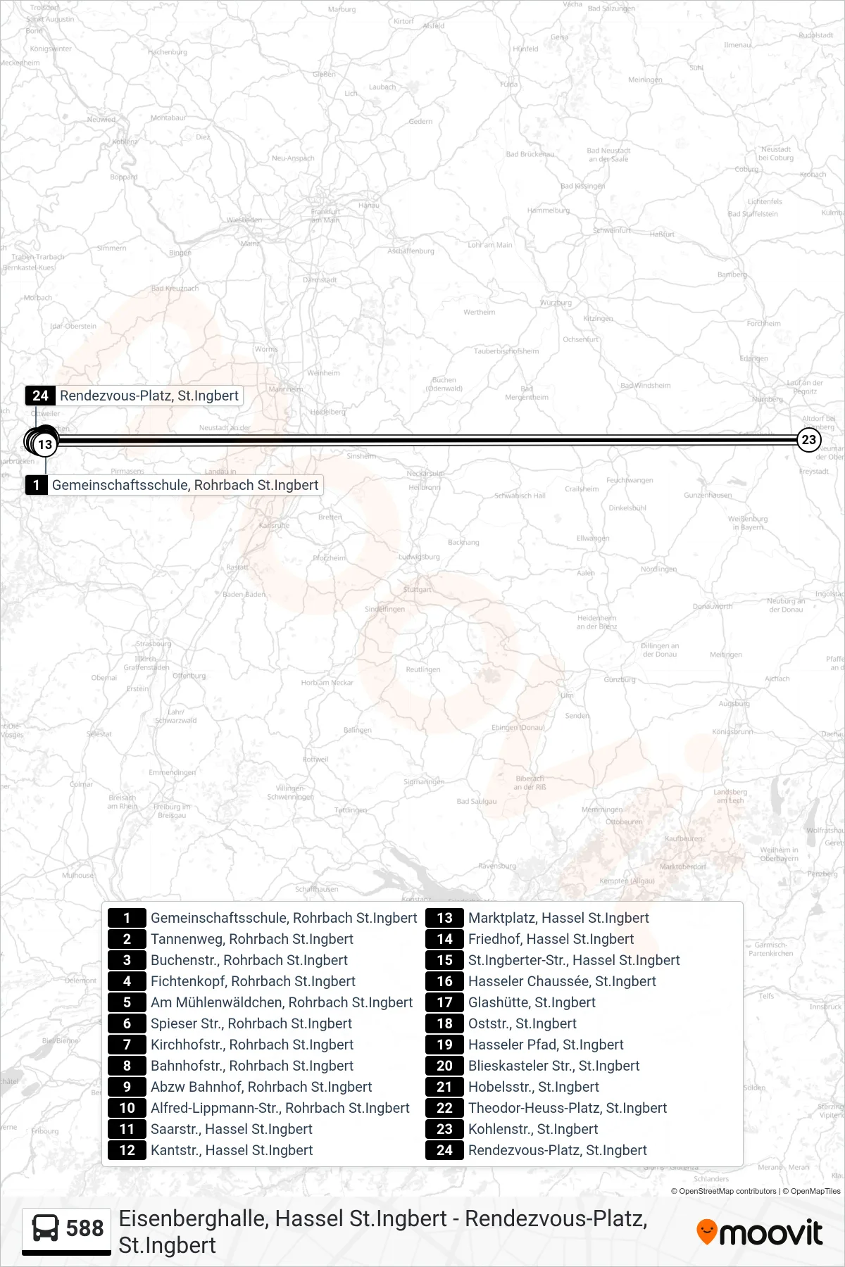 588 bus Line (St. Ingbert Rendezvous-Platz) route and stops on a map