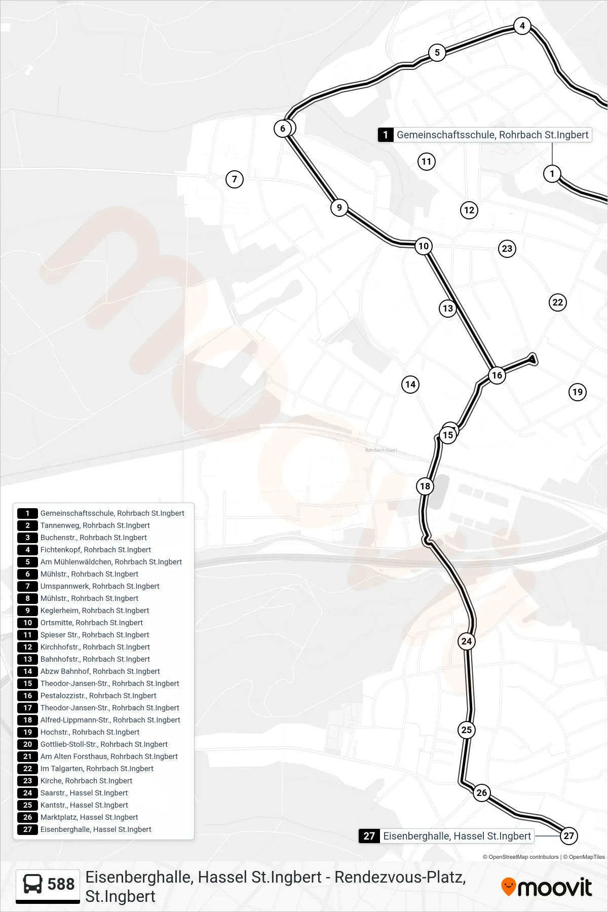 588 bus Line (Hassel Grundschule am Eisenberghalle) route and stops on a map