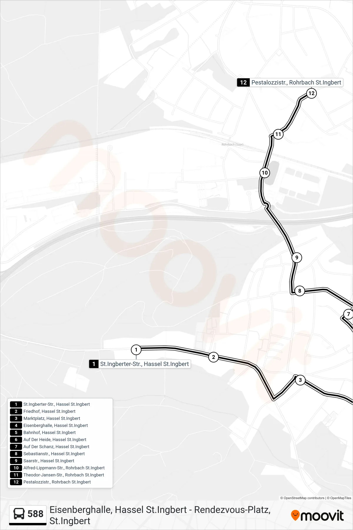588 bus Line (Rohrbach Grundschule Pestalozzistraße) route and stops on a map