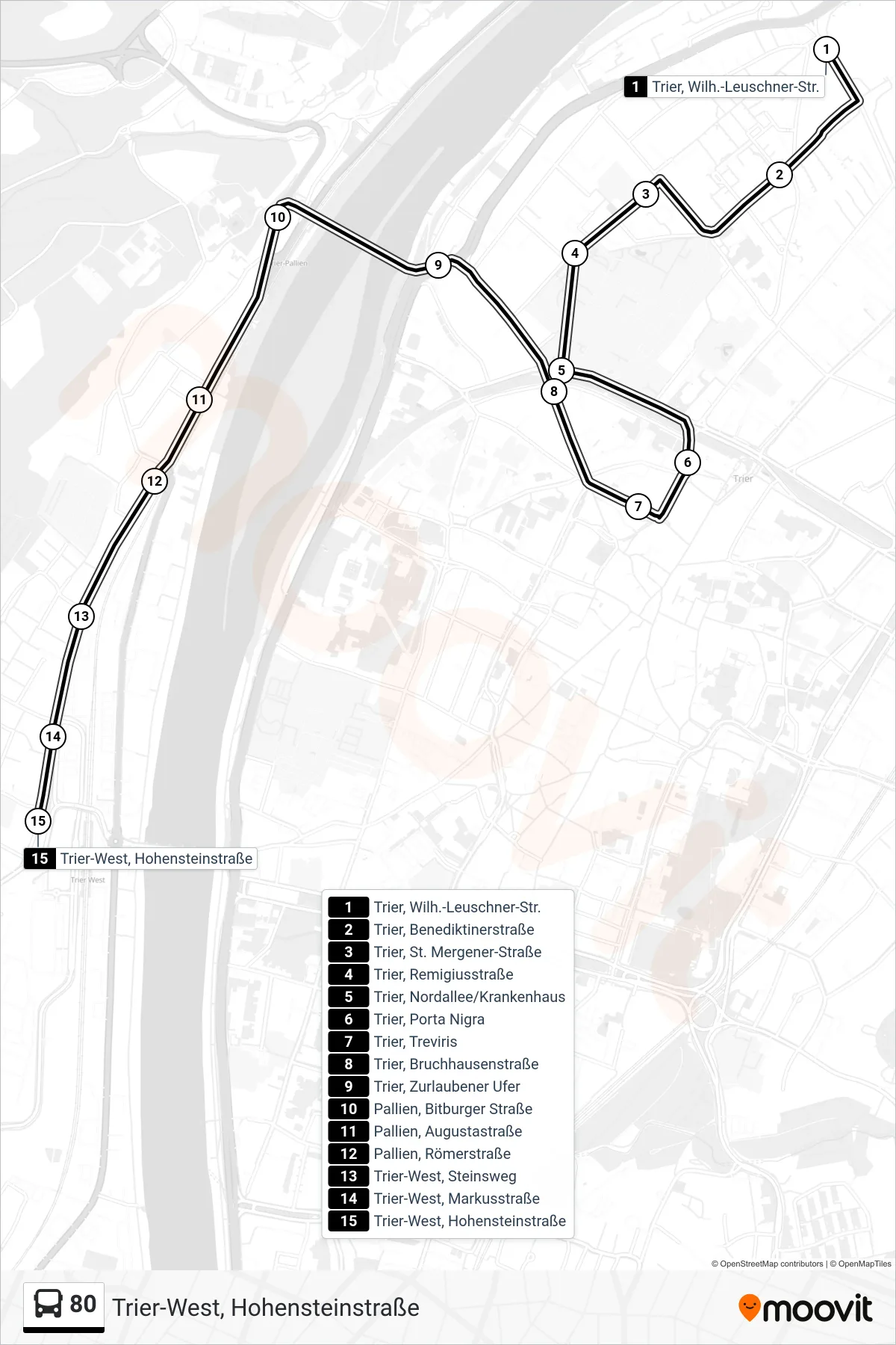 80 bus Line (Trier-West, Hohensteinstraße) route and stops on a map