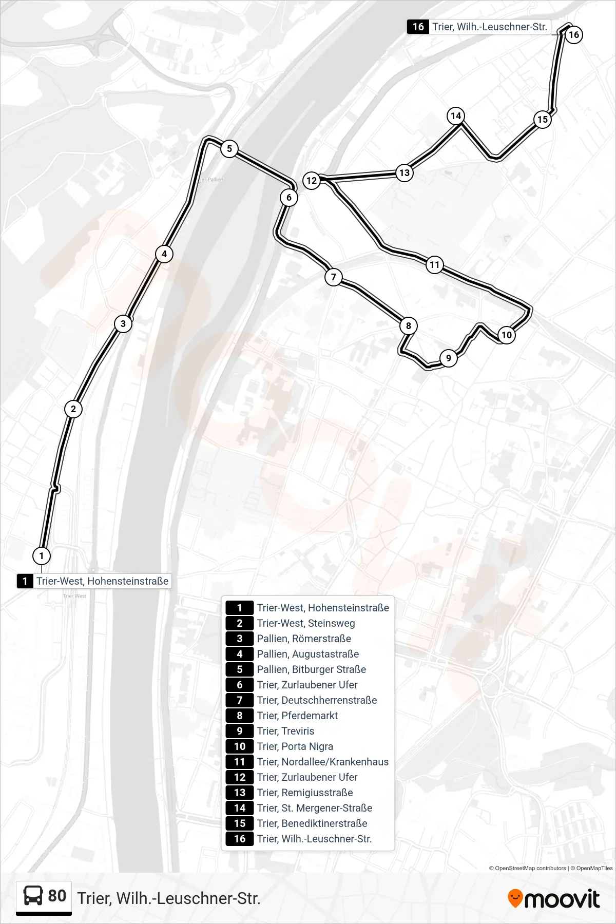 Linie 80 (Bus) Richtung Trier, Wilh.-Leuschner-Str.: Route und Haltestellen auf der Karte