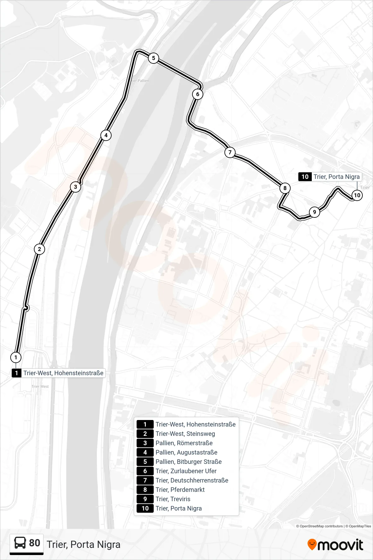 80 bus Line (Trier, Porta Nigra) route and stops on a map