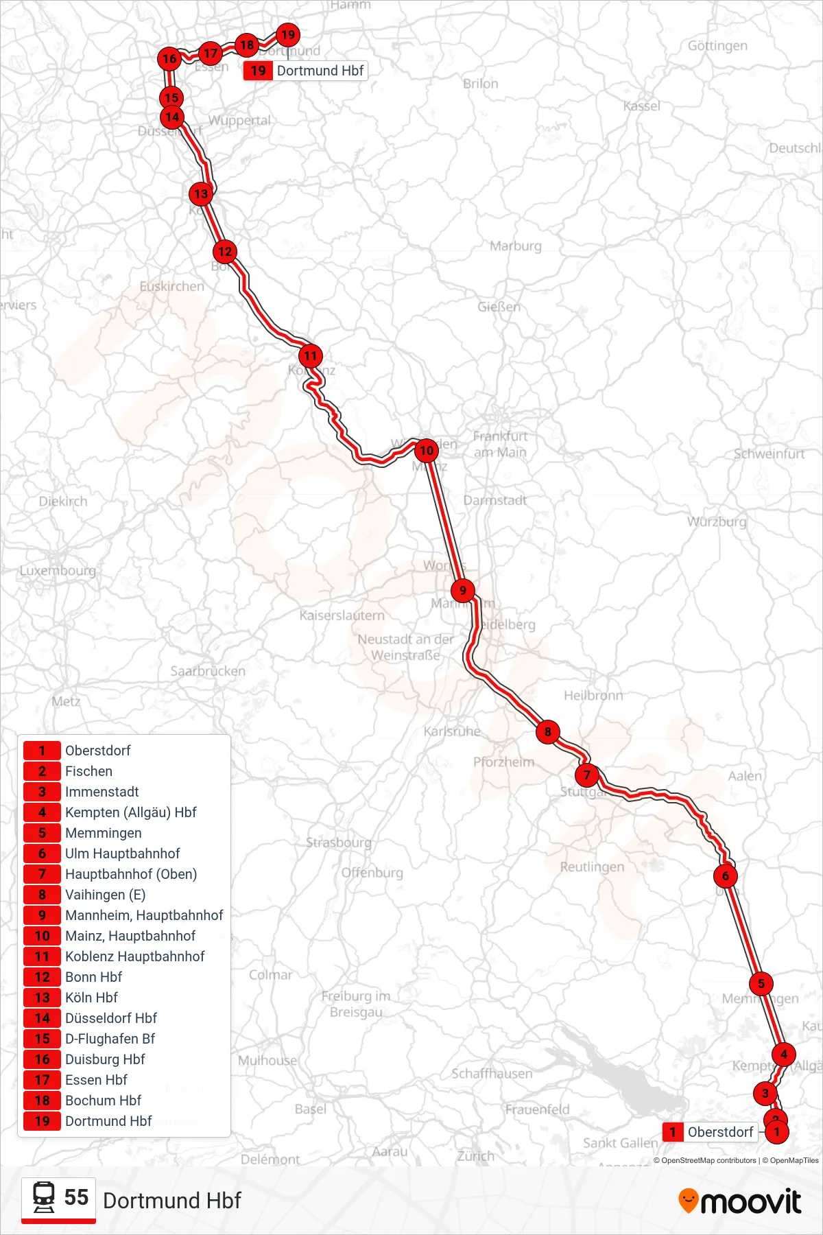 55 train Line (Dortmund Hbf) route and stops on a map