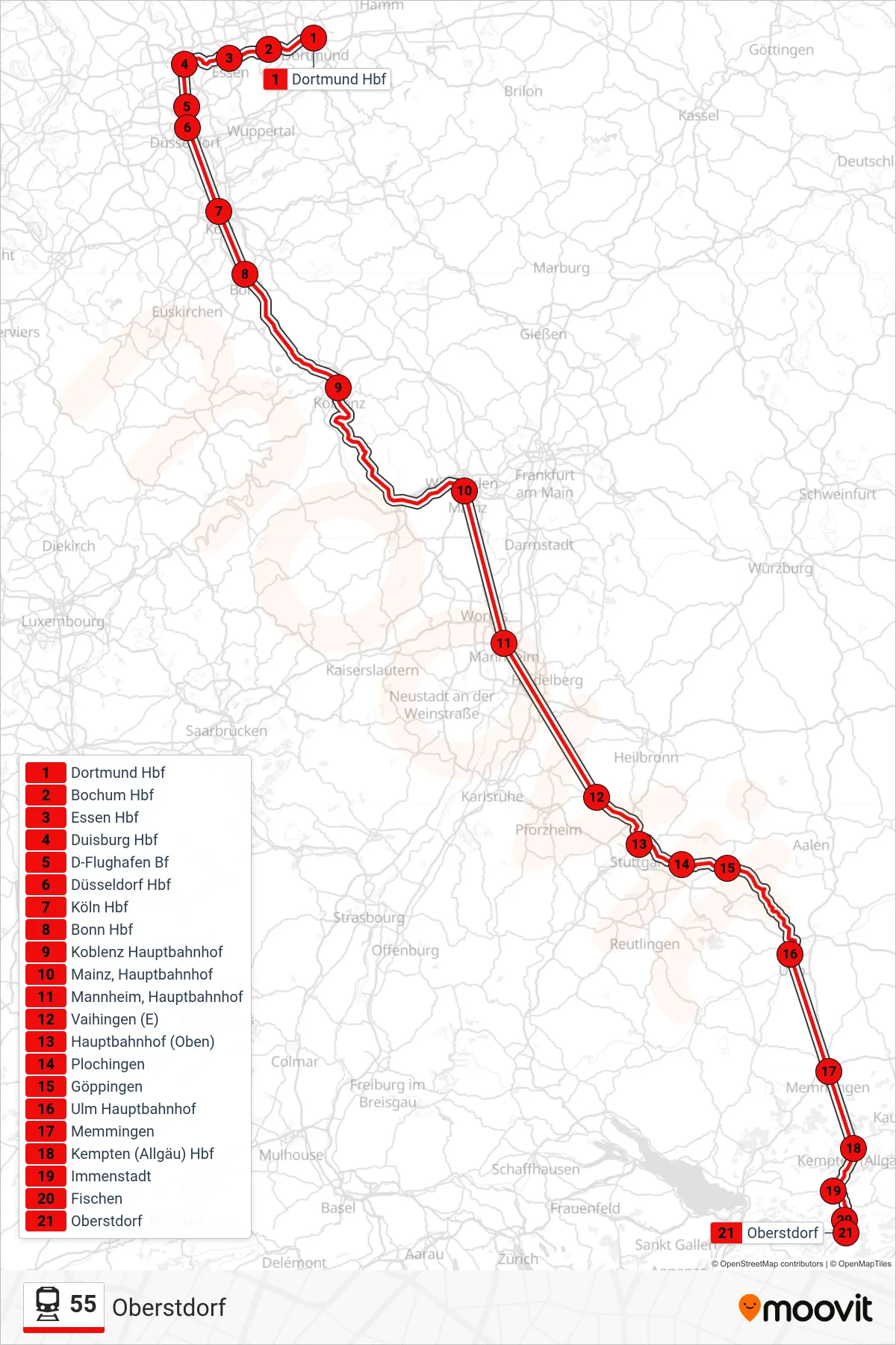 55 train Line (Oberstdorf) route and stops on a map