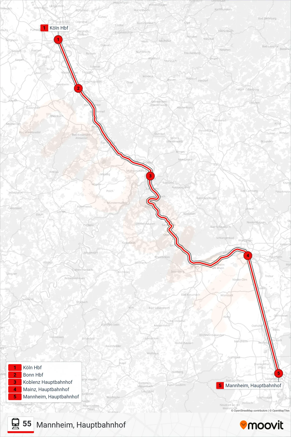 55 train Line (Mannheim, Hauptbahnhof) route and stops on a map