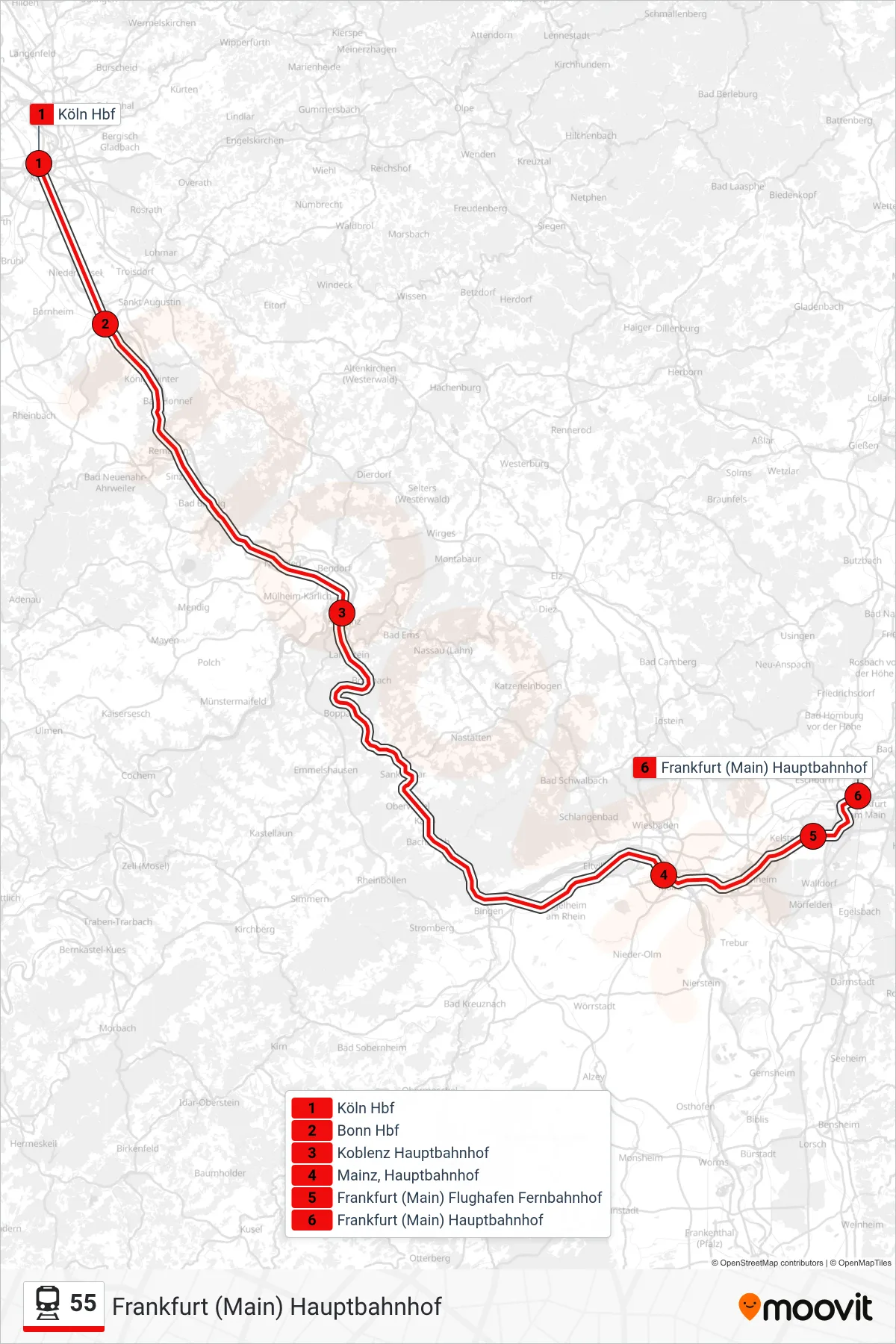 55 train Line (Frankfurt (Main) Hauptbahnhof) route and stops on a map