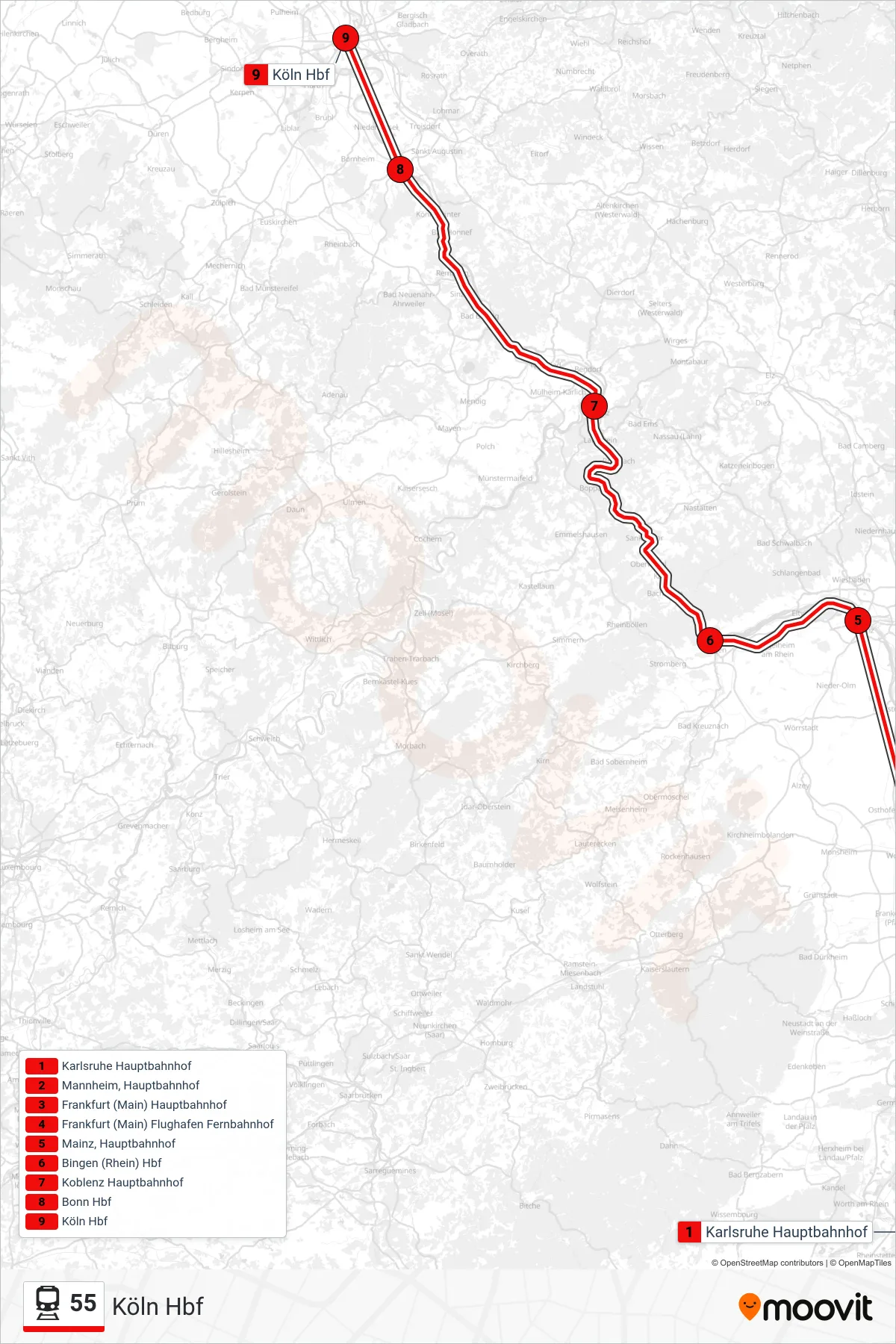 55 train Line (Köln Hbf) route and stops on a map