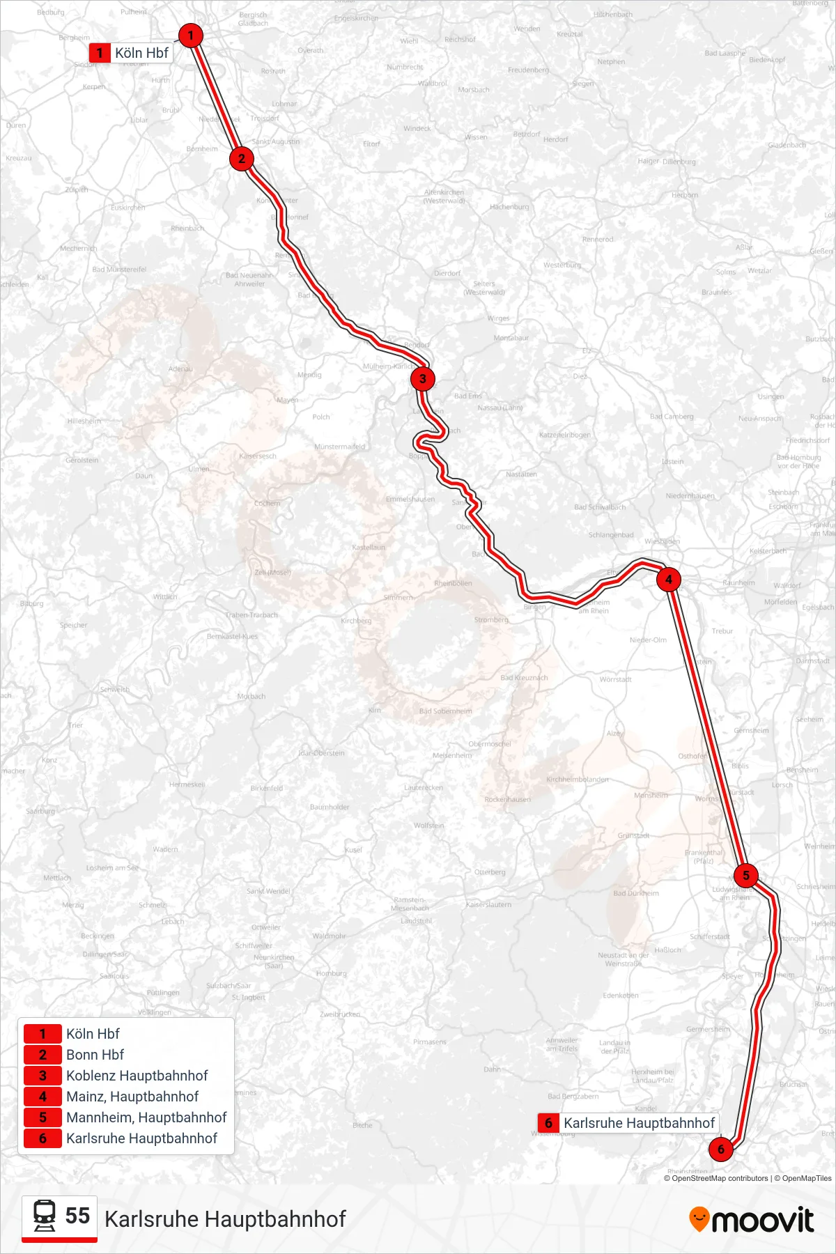 Linie 55 (Bahn) Richtung Karlsruhe Hauptbahnhof: Route und Haltestellen auf der Karte
