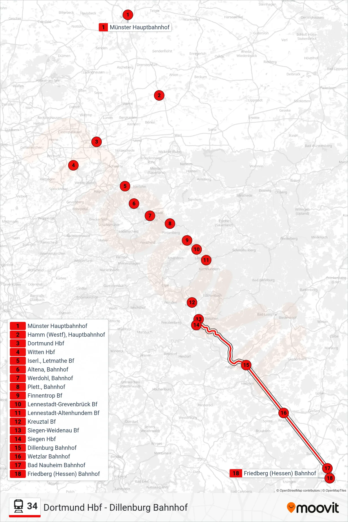 Linie 34 (Bahn) Richtung Friedberg (Hessen) Bahnhof: Route und Haltestellen auf der Karte