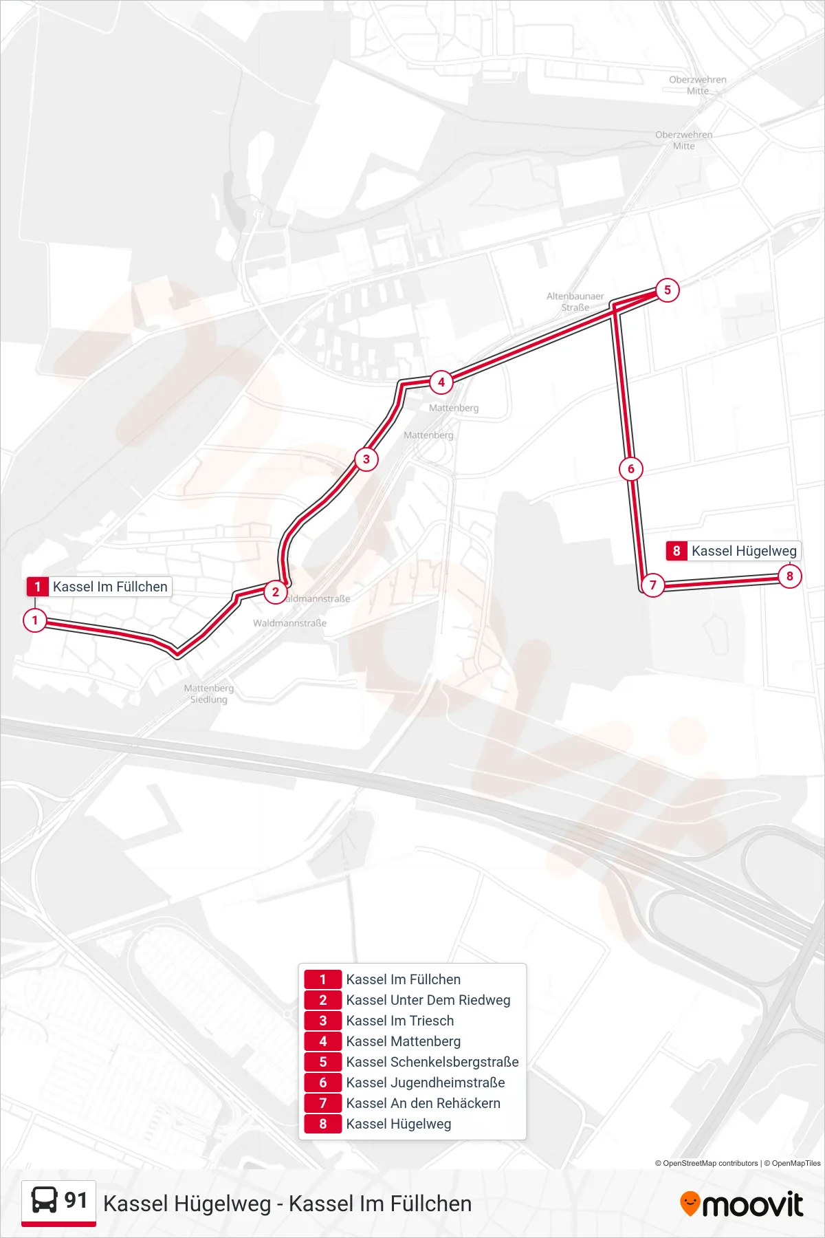 91 bus Line (Kassel Hügelweg) route and stops on a map