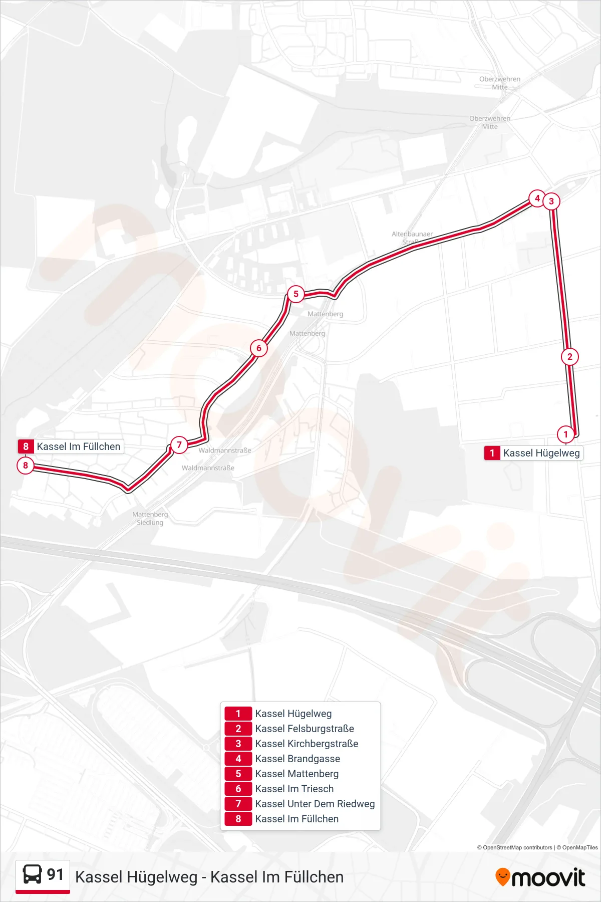 91 bus Line (Kassel Im Füllchen) route and stops on a map