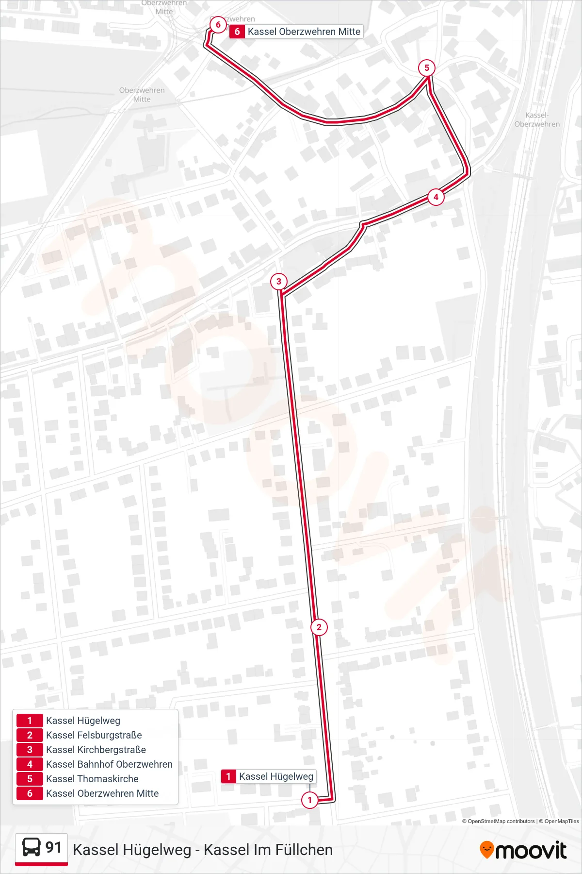 Linie 91 (Bus) Richtung Kassel Oberzwehren Mitte: Route und Haltestellen auf der Karte