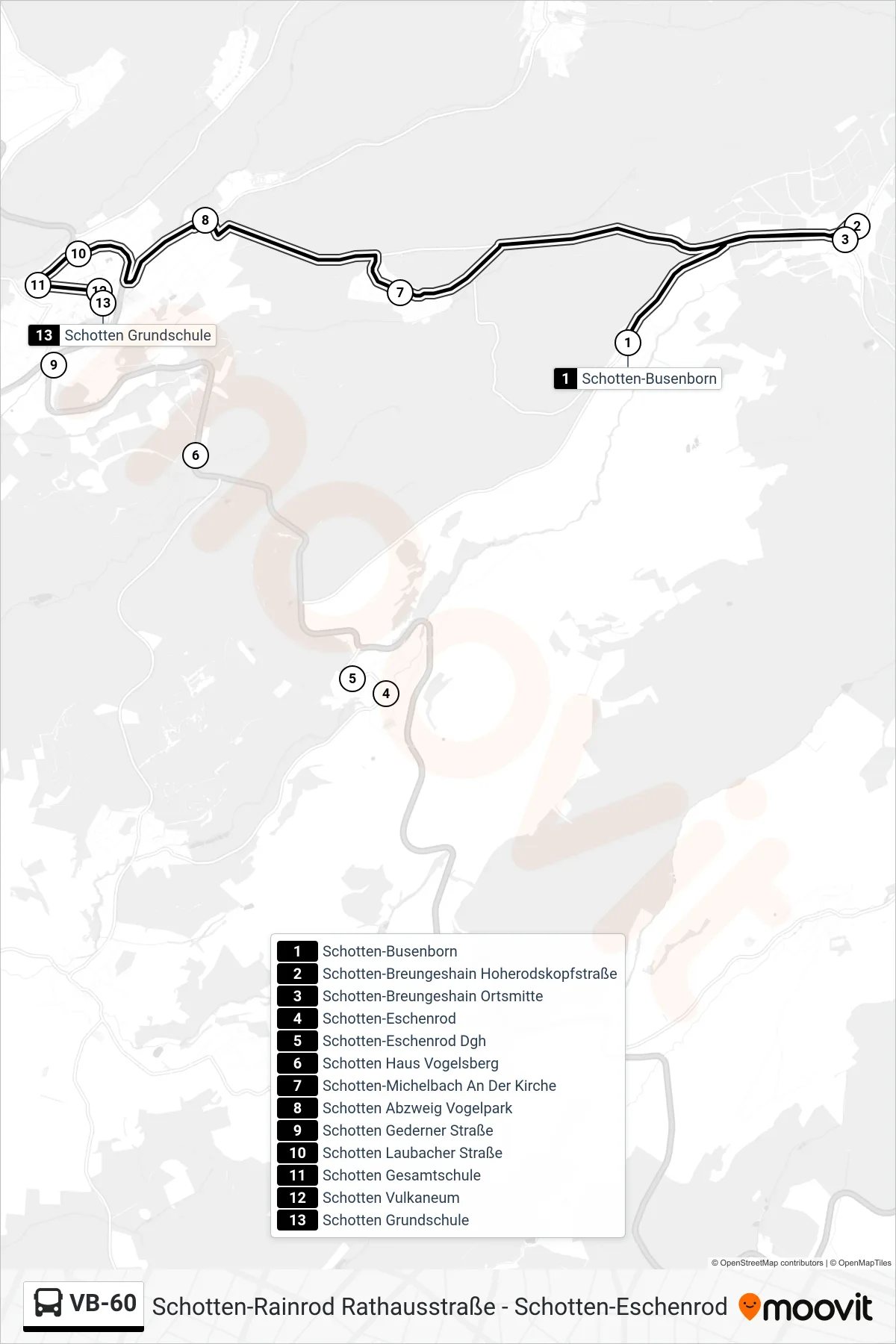 VB-60 bus Line (Schotten Grundschule) route and stops on a map