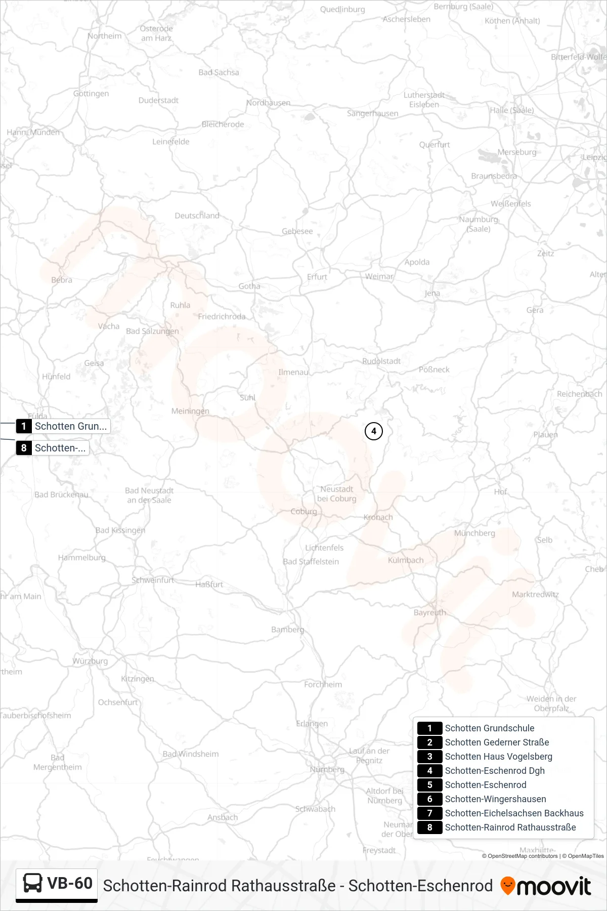 VB-60 bus Line (Schotten-Rainrod Rathausstraße) route and stops on a map