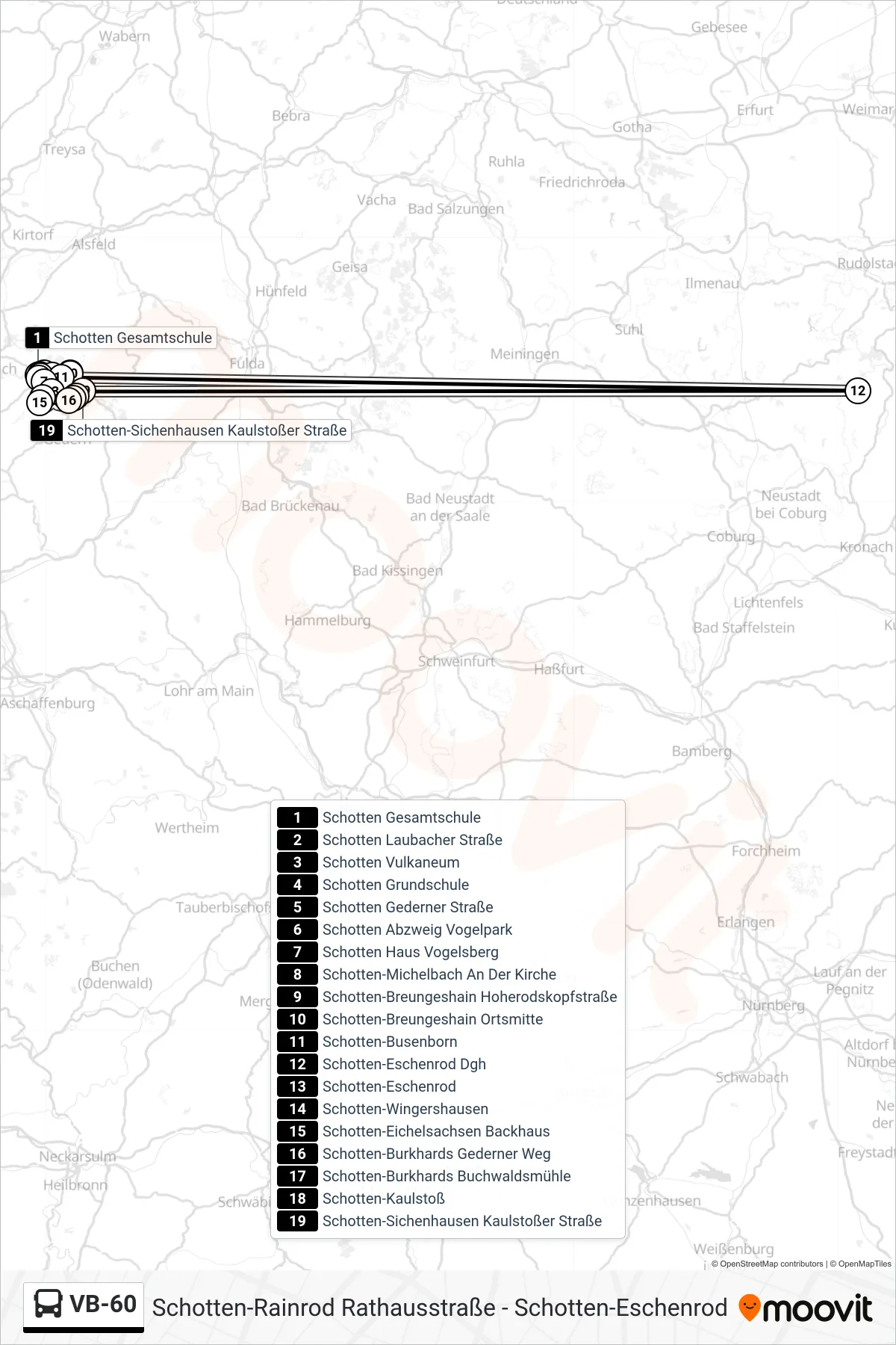 VB-60 bus Line (Schotten-Sichenhausen Kaulstoßer Straße) route and stops on a map