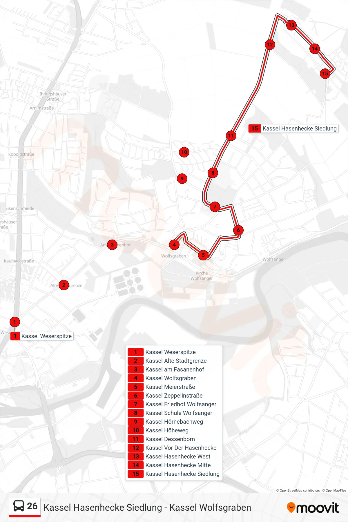 26 bus Line (Kassel Hasenhecke Siedlung) route and stops on a map