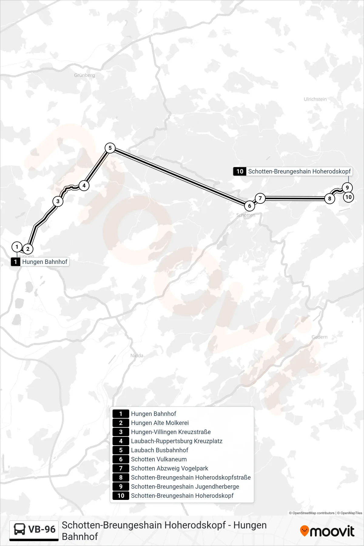 Linie VB-96 (Bus) Richtung Schotten-Breungeshain Hoherodskopf: Route und Haltestellen auf der Karte