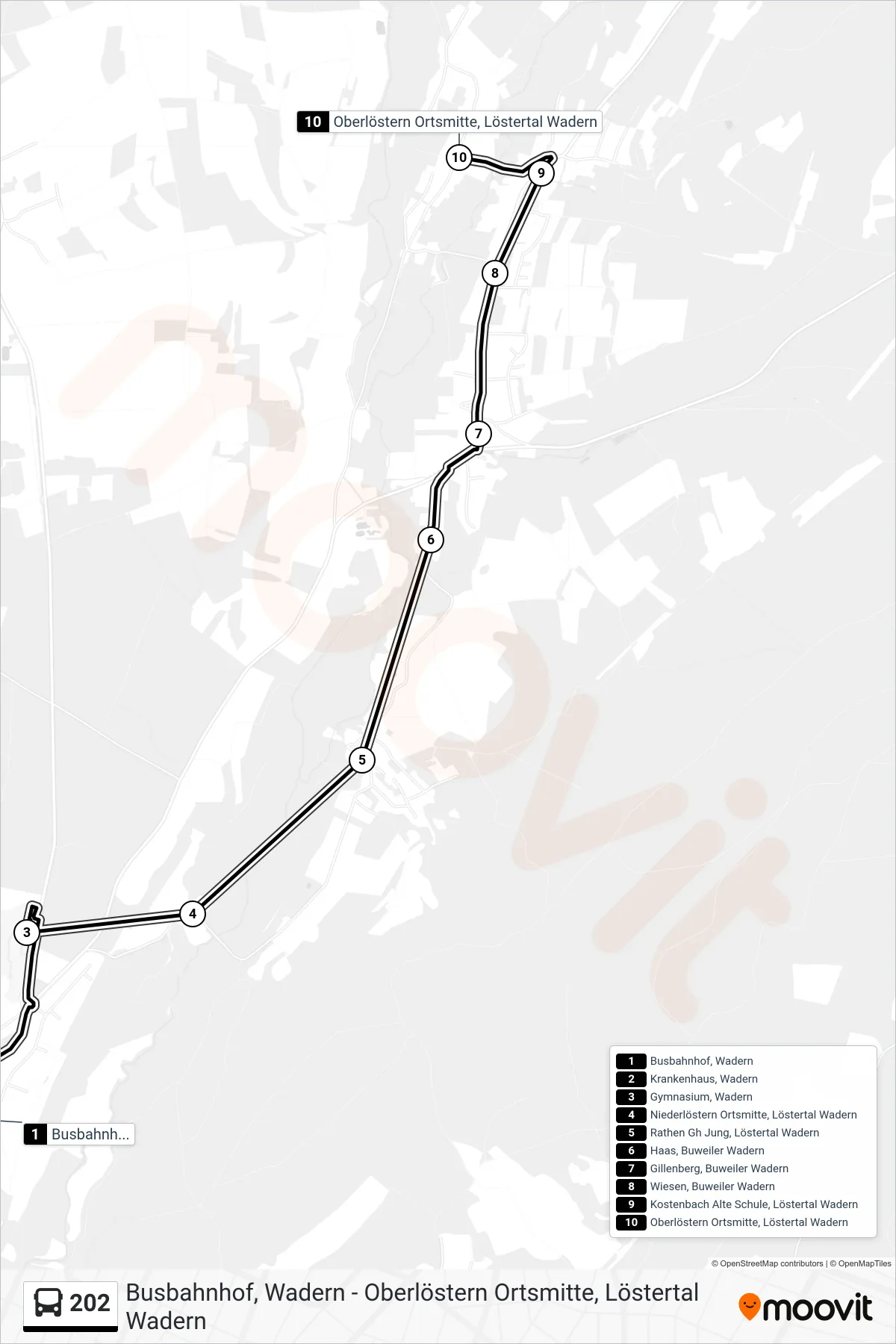 202 bus Line (Löstertal) route and stops on a map