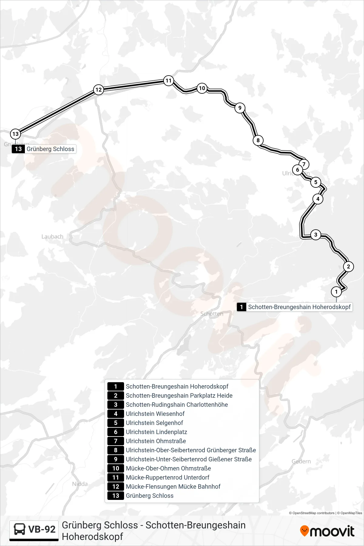 Linie VB-92 (Bus) Richtung Grünberg Schloss: Route und Haltestellen auf der Karte